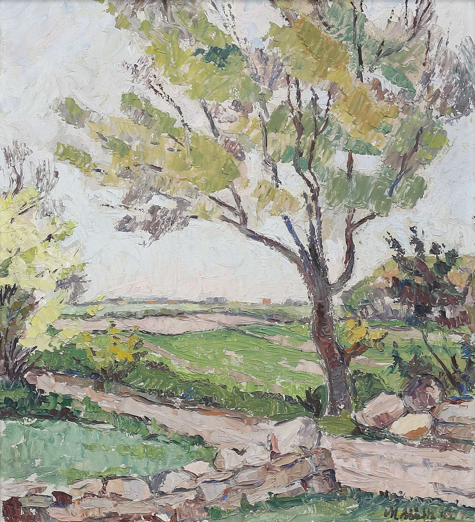 MAJA BÅÅTH. (1883-1984) "Tidig vår Karlevi", olja på pannå, signerad.