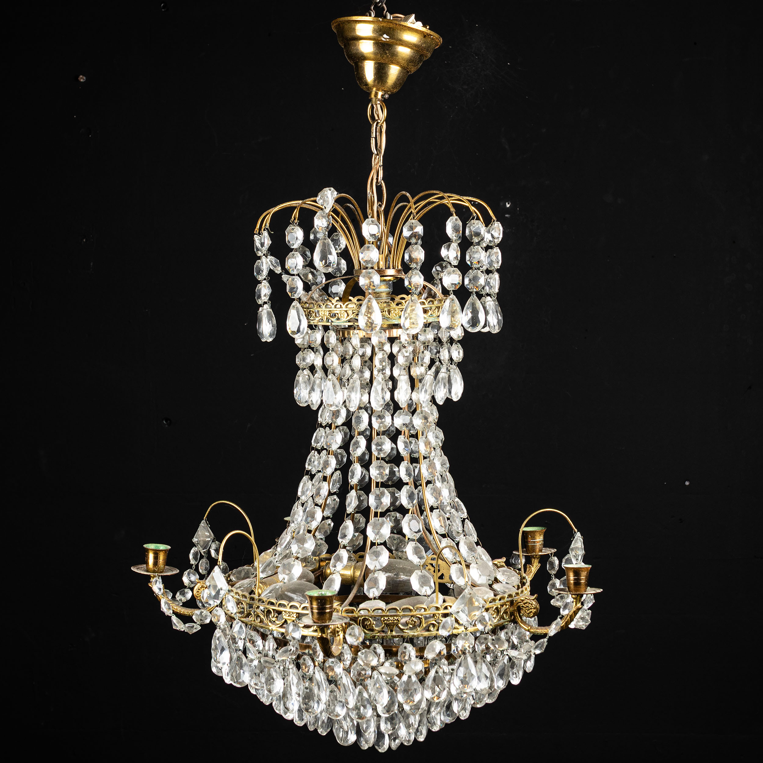 LJUSKRONA, 5-armad, behängd med prismor, 1900-talets andra hälft.