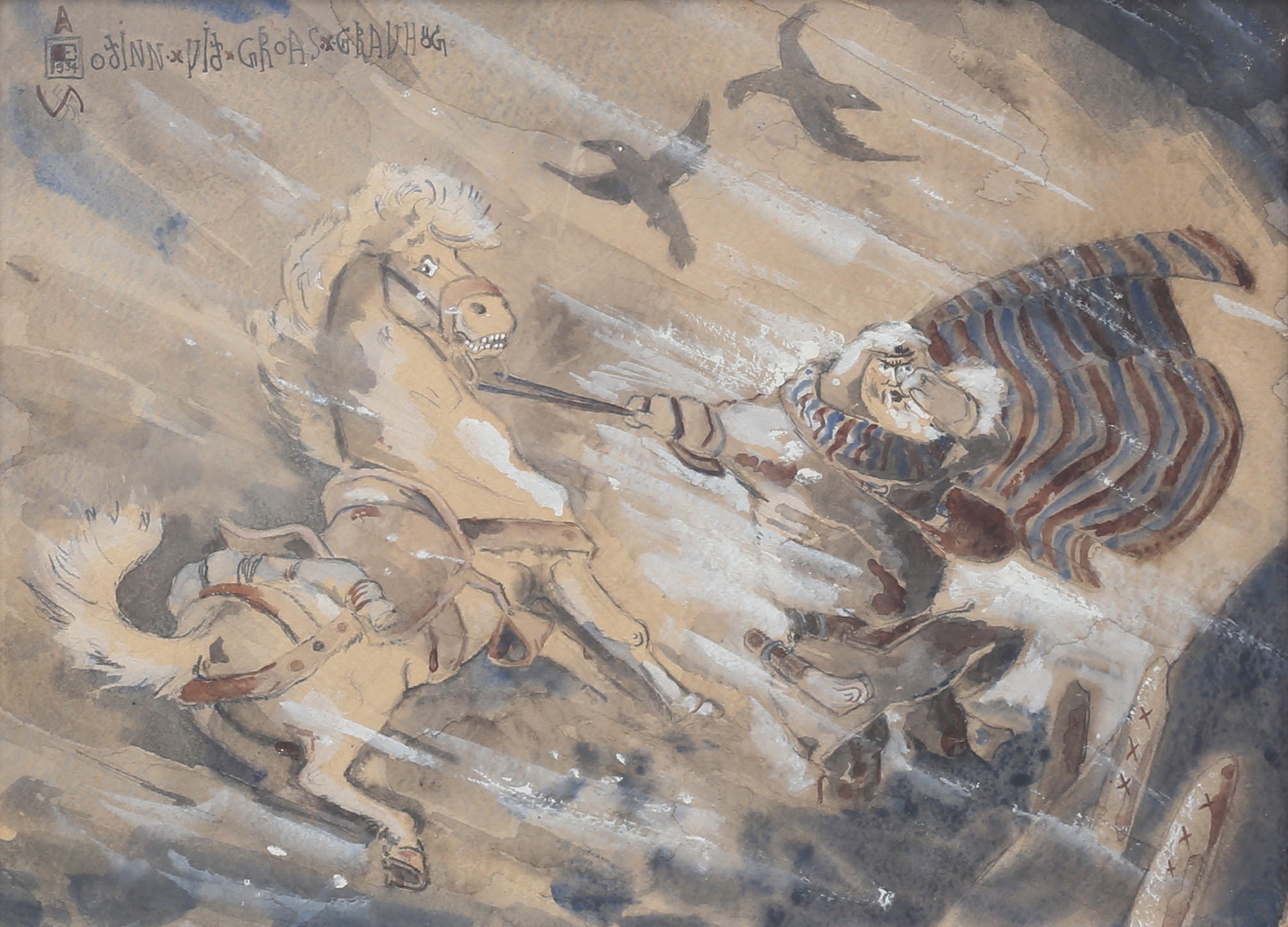 OSSIAN ELGSTRÖM. "Odinn vid Groas gravhög", akvarell, monogramsignerad, daterad 1934.