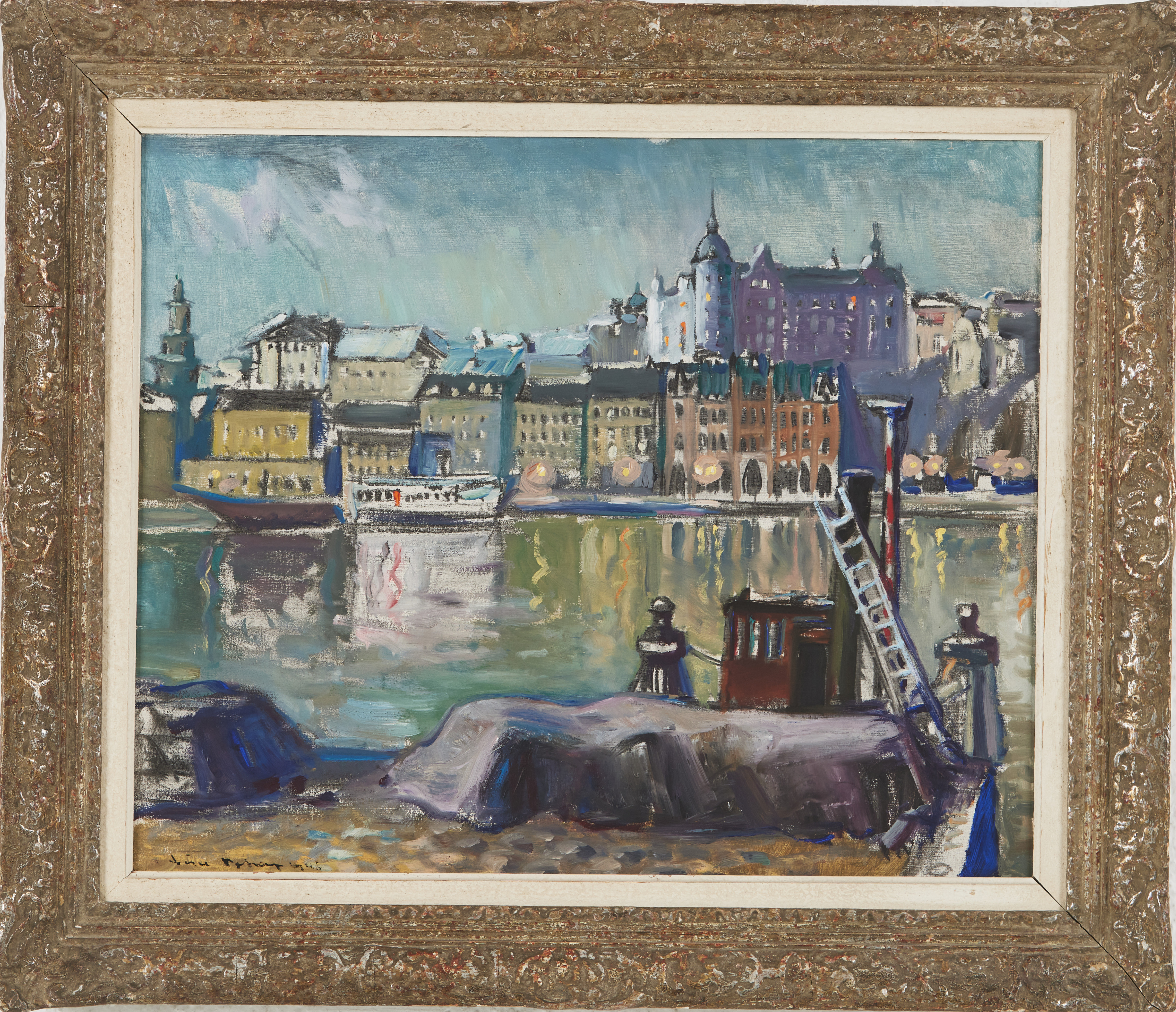ERICH PEHAP (1912-1981). Stockholmsmotiv, utsikt mot Södermalm, olja på pannå, signerad och daterad 1956.