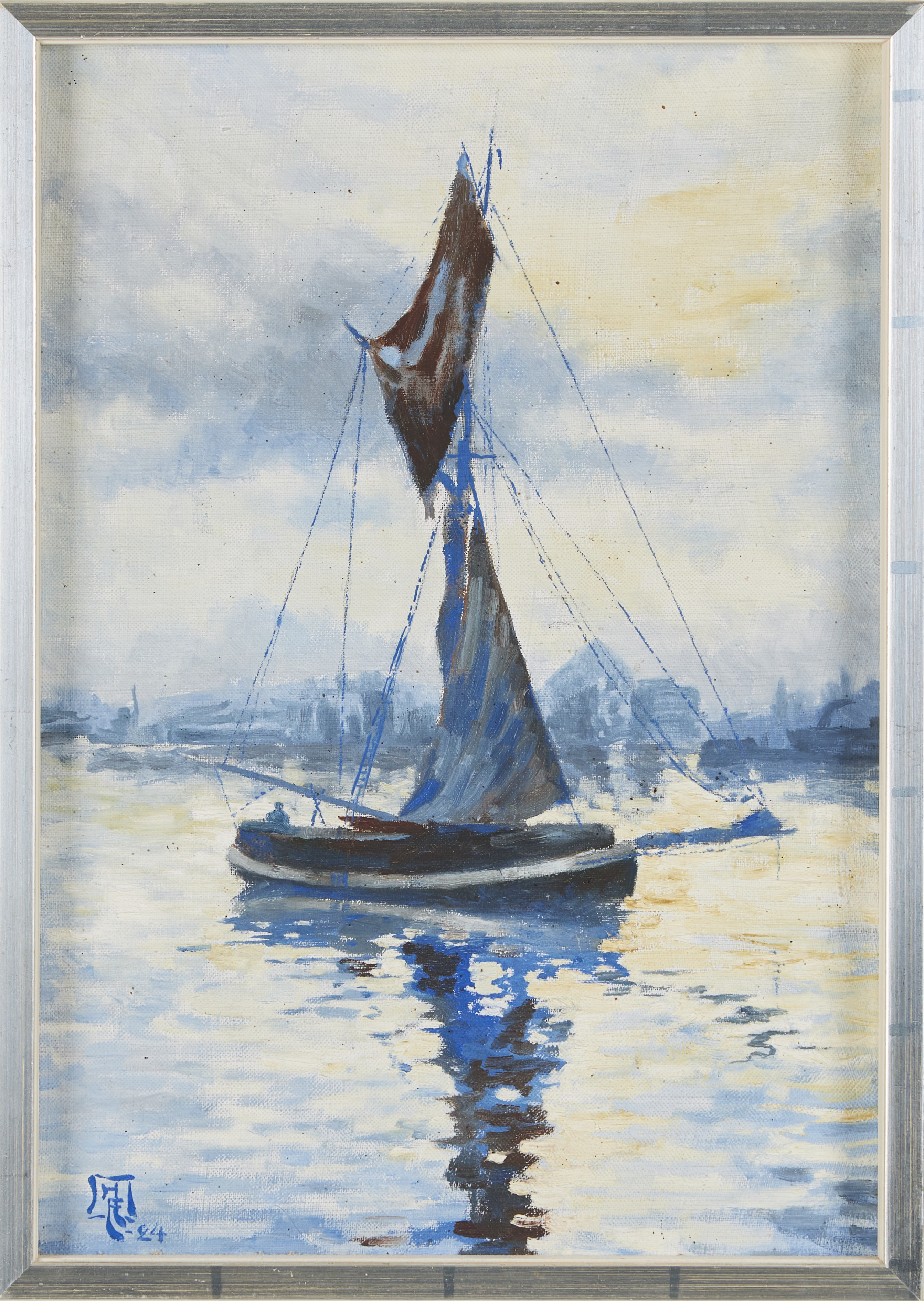 OIDENTIFIERAD KONSTNÄR. Segelbåt, olja på duk, monogramsignerad, -24.