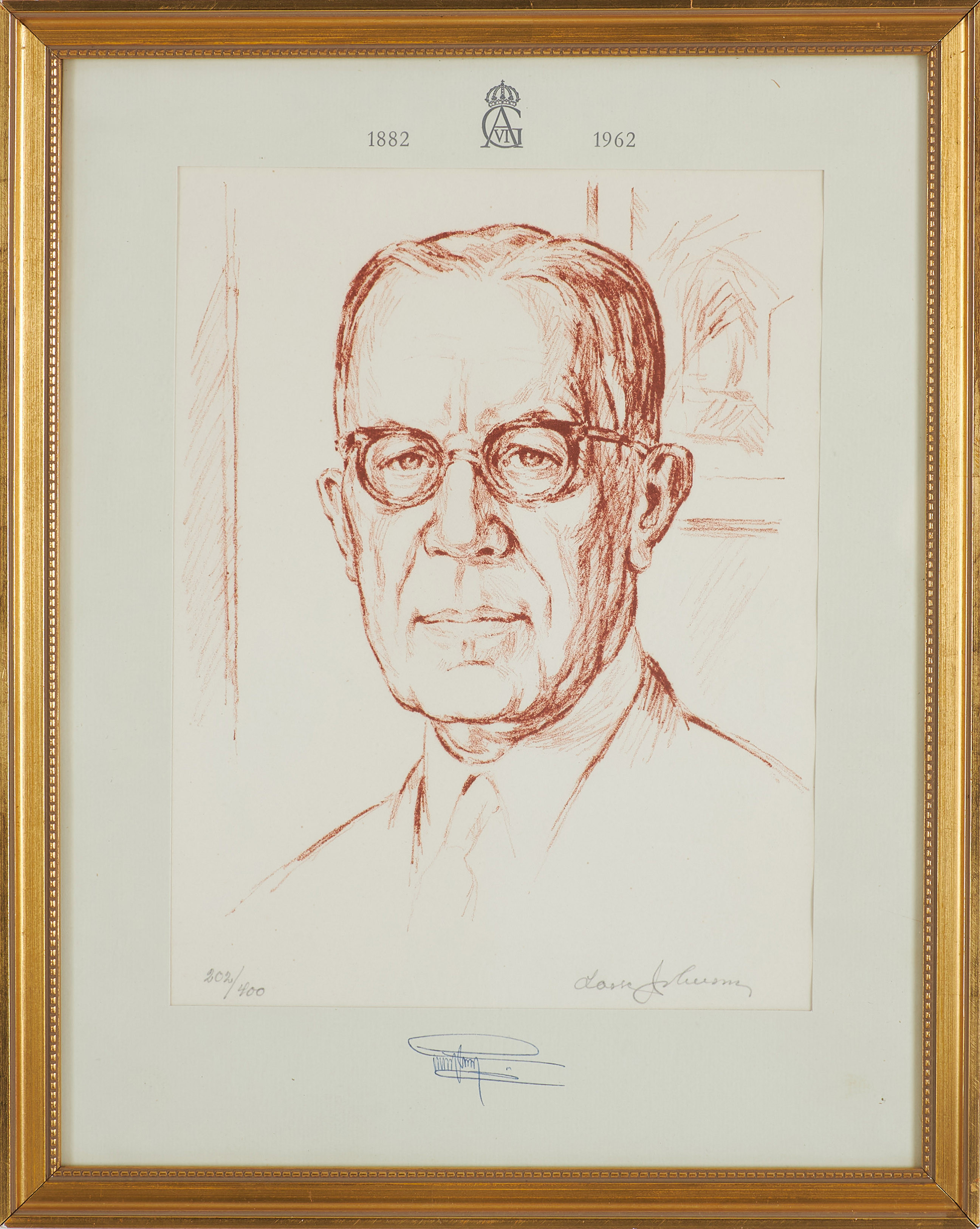 LASSE JOHANSSON. Porträtt av Gustav Vi Adolf, litografi, signerad och numrerad 202/400.