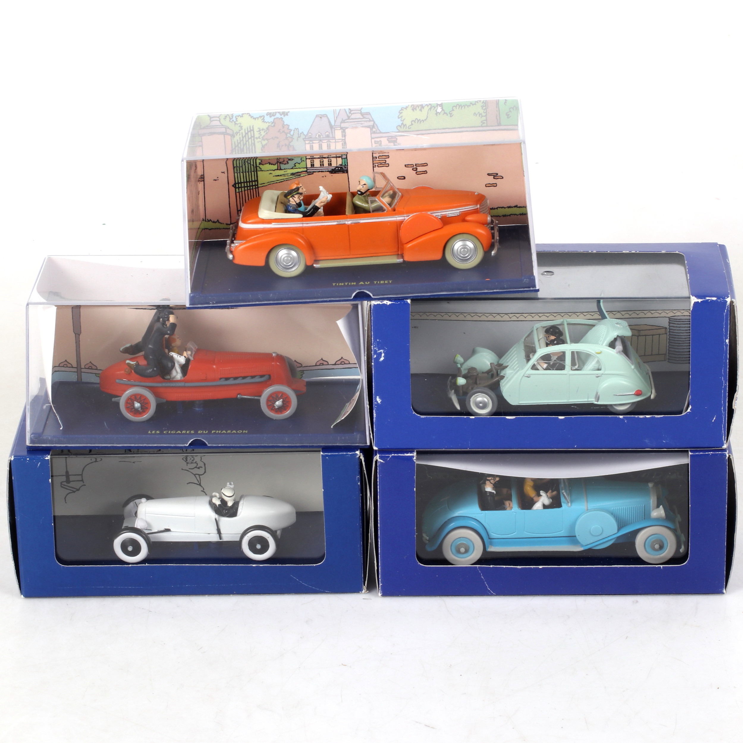 MODELLBILAR, 5 st, "En voiture Tintin", Hergé/Moulinsart, Atlas Collections, i originalförpackningar, 2000-tal.
