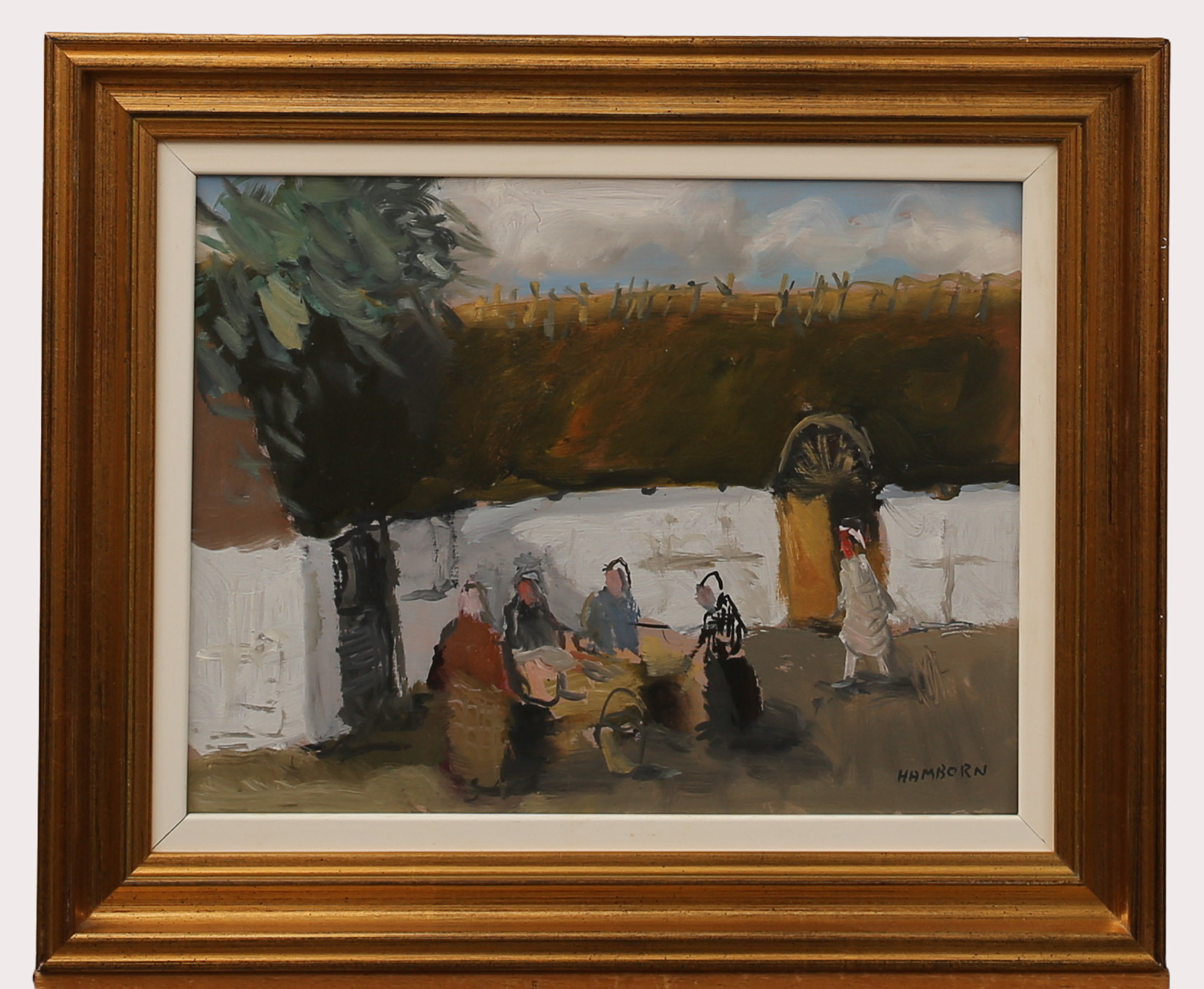 AXEL HAMBORN. Olja på duk, arbete på gården, signerad Hamborn.