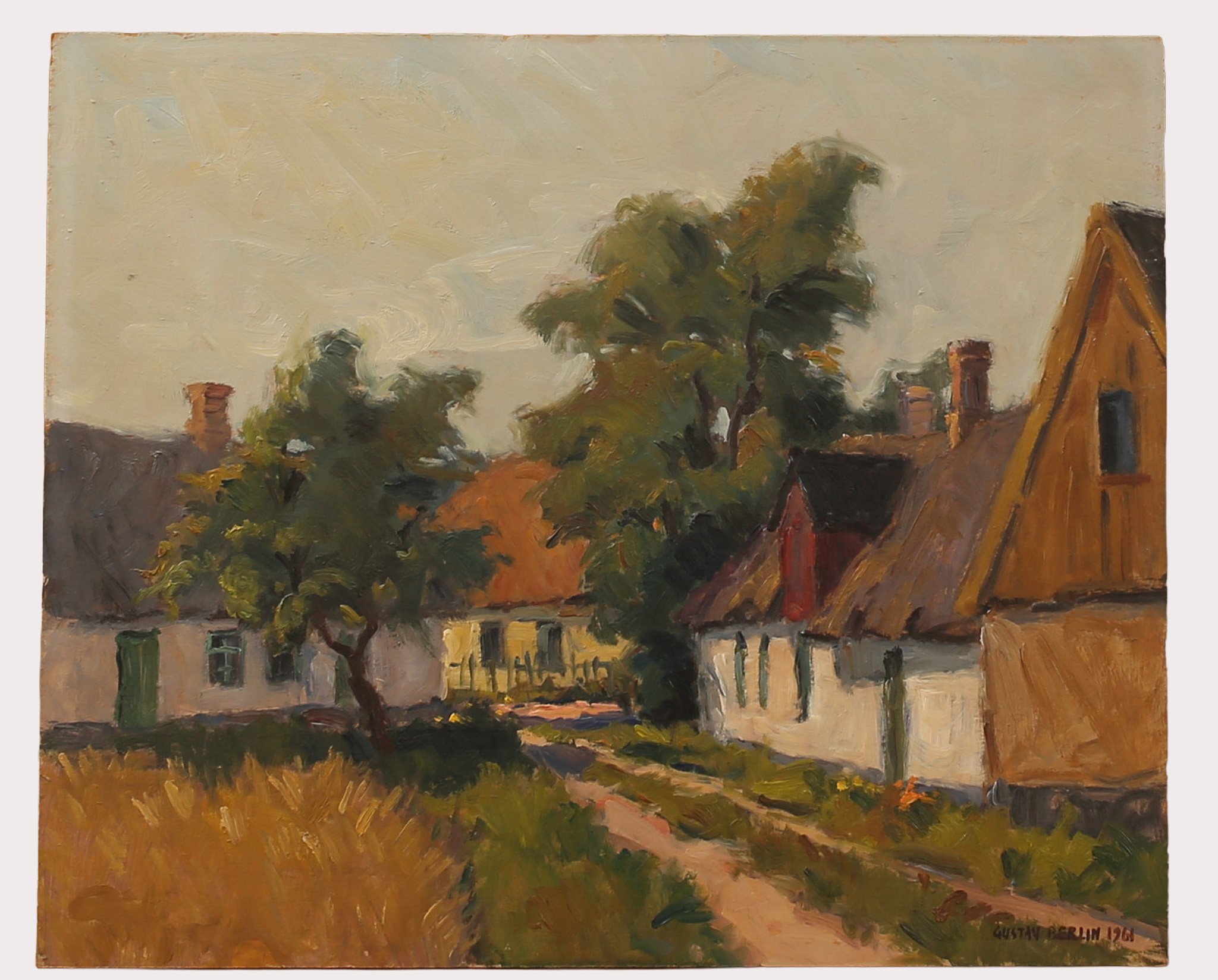 GUSTAV BERLIN. Olja på pannå, hus på landet, Kämpinge signerad.