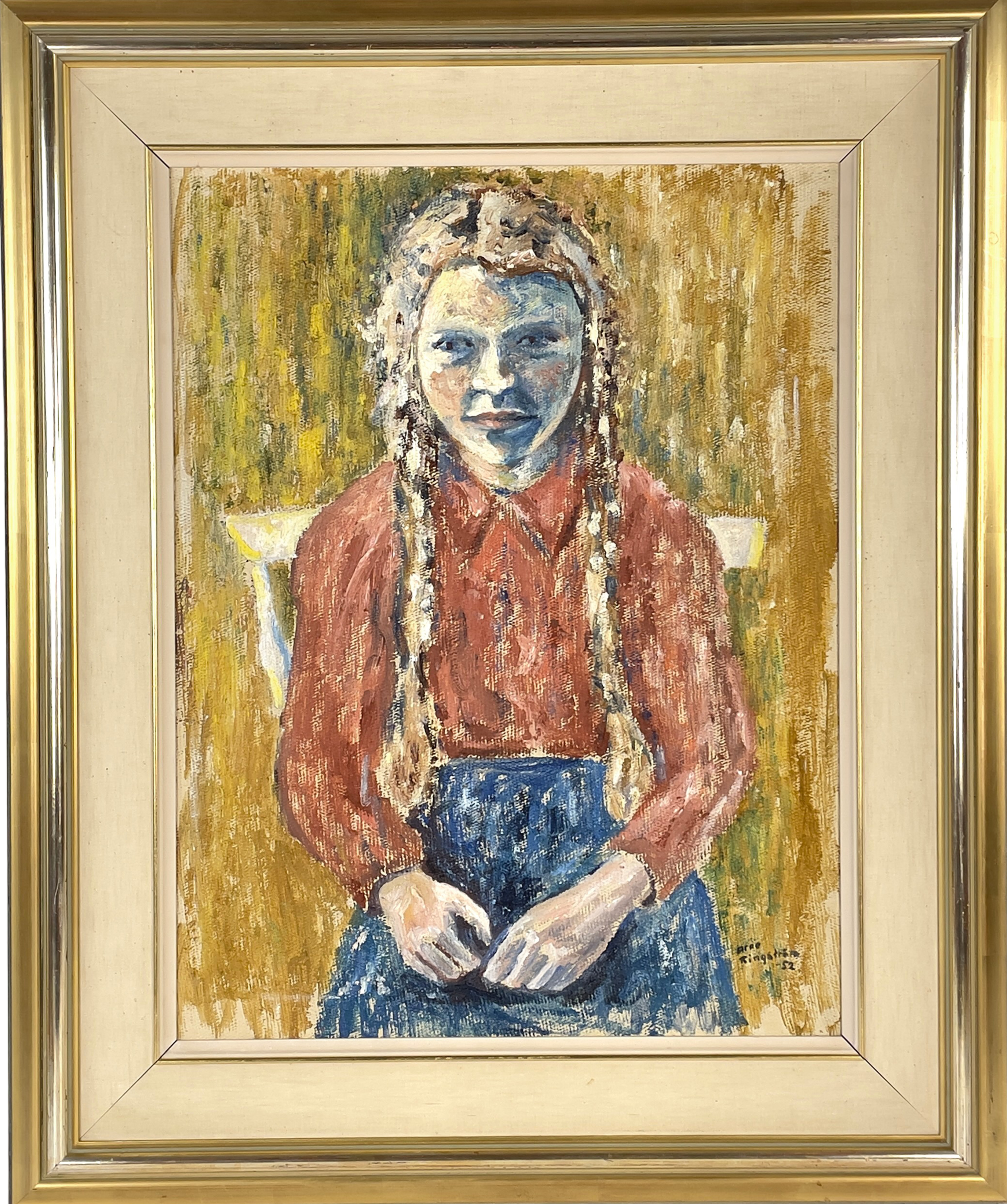 ARNE RINGSTRÖM (1924–2008). Olja på pannå, flicka i flätor, signerad & daterad -52.