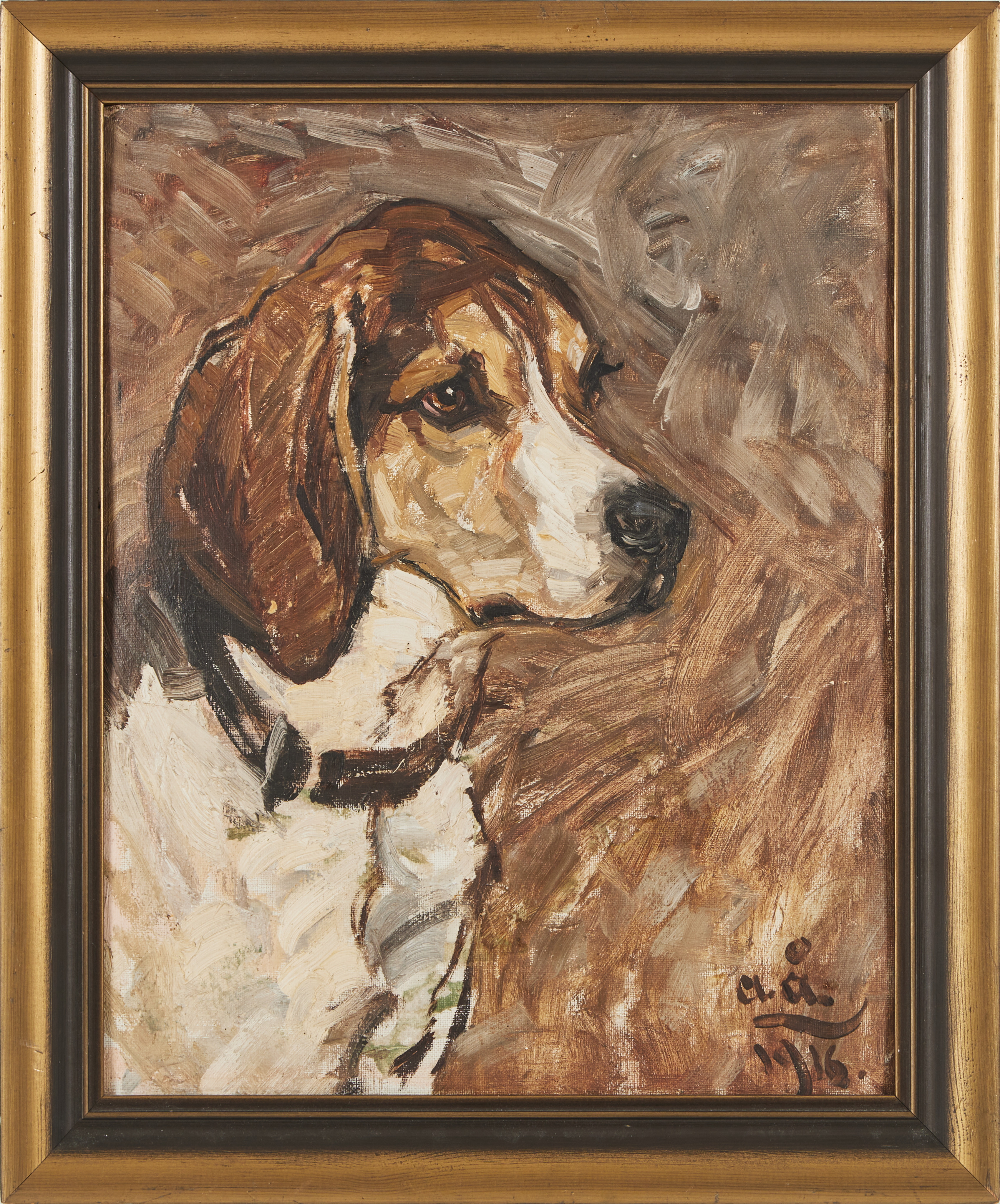 ACKE ÅSLUND. Hundporträtt, olja på pannå, monogramsignerad, daterad 1916.