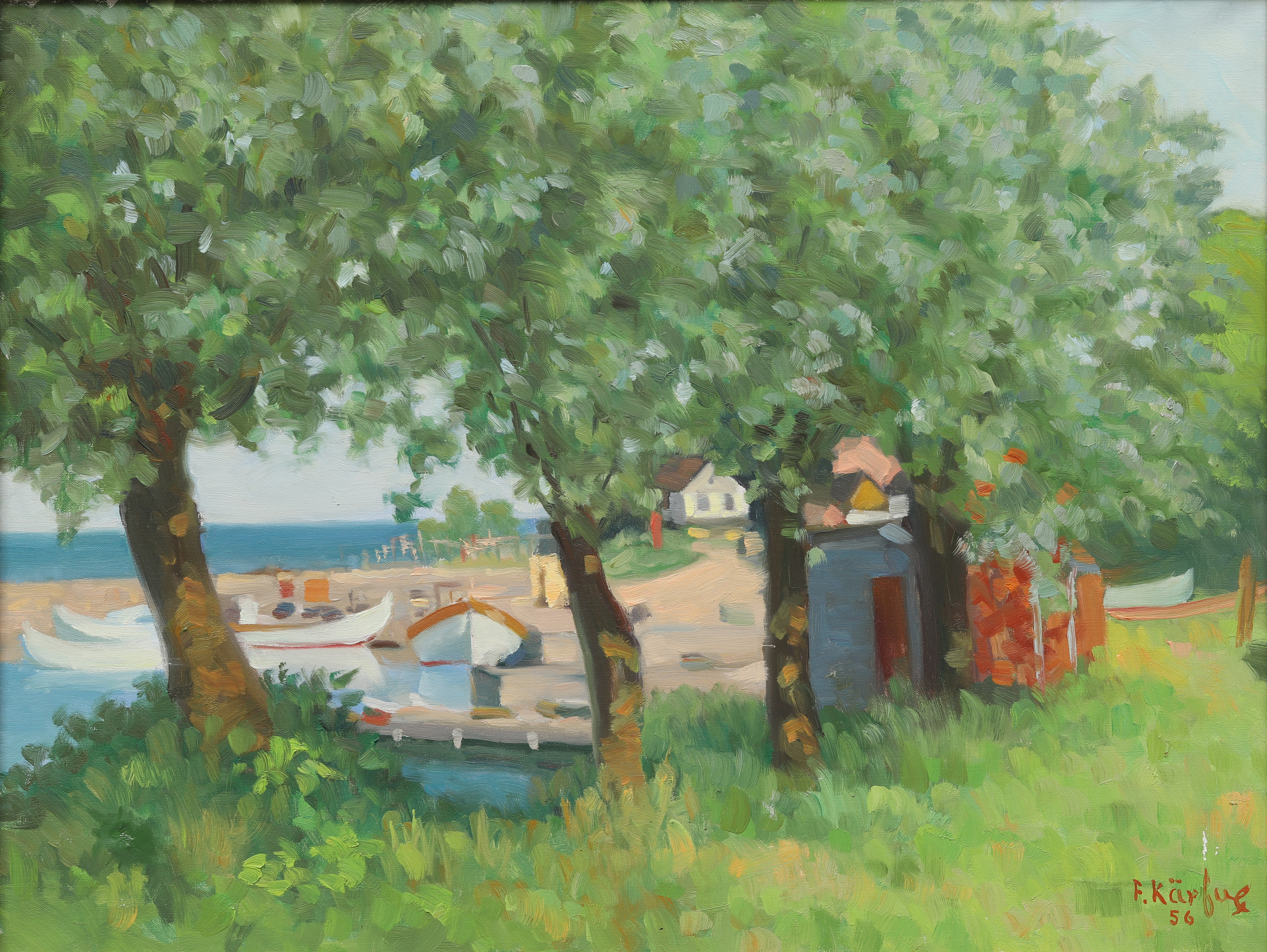 FRITZ KÄRFVE. Skånsk hamn, olja på duk, signerad och daterad -56.