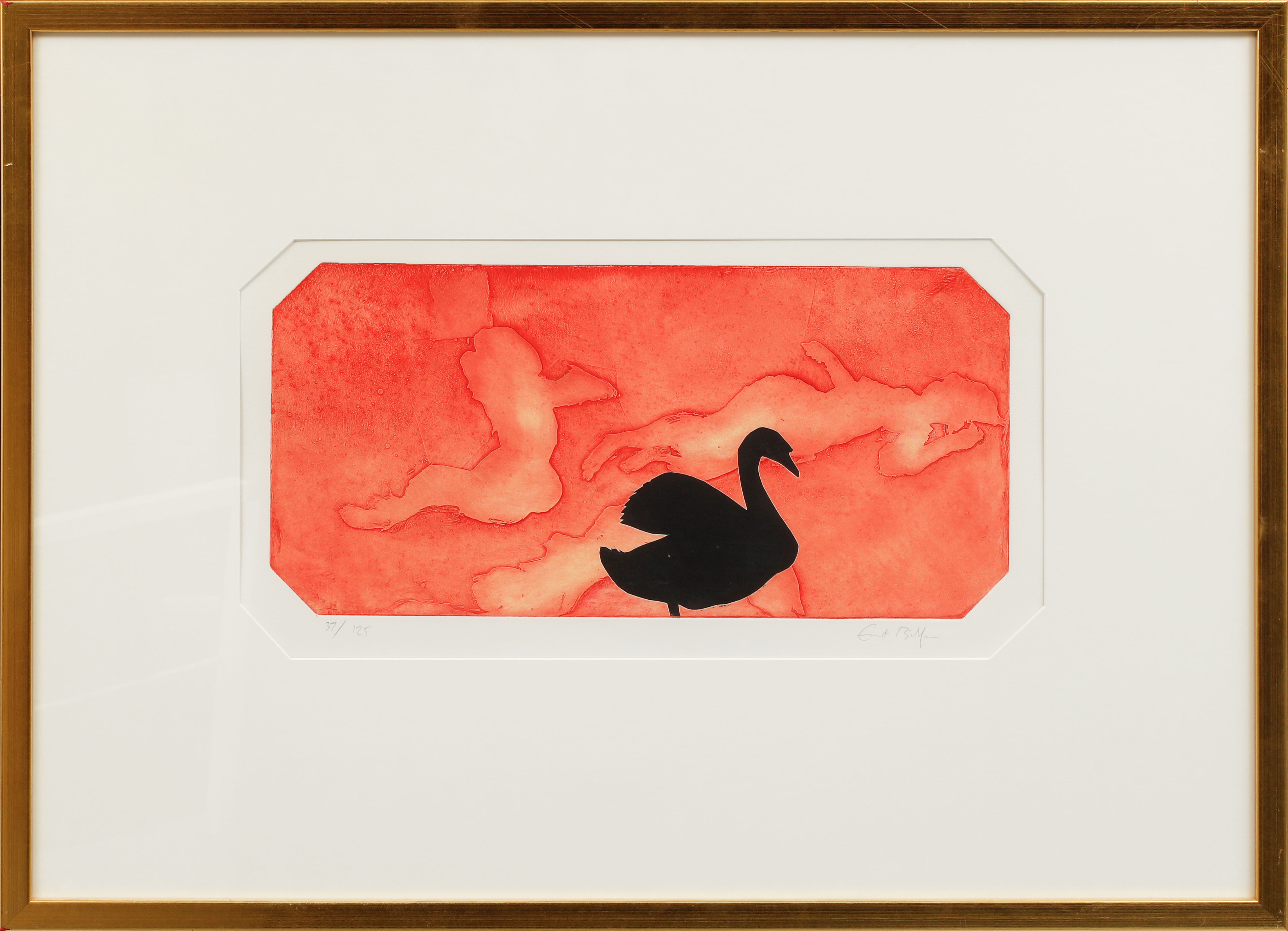 ERNST BILLGREN. Svan mot röd fond, färglitografi, signerad och numrerad 37/125.