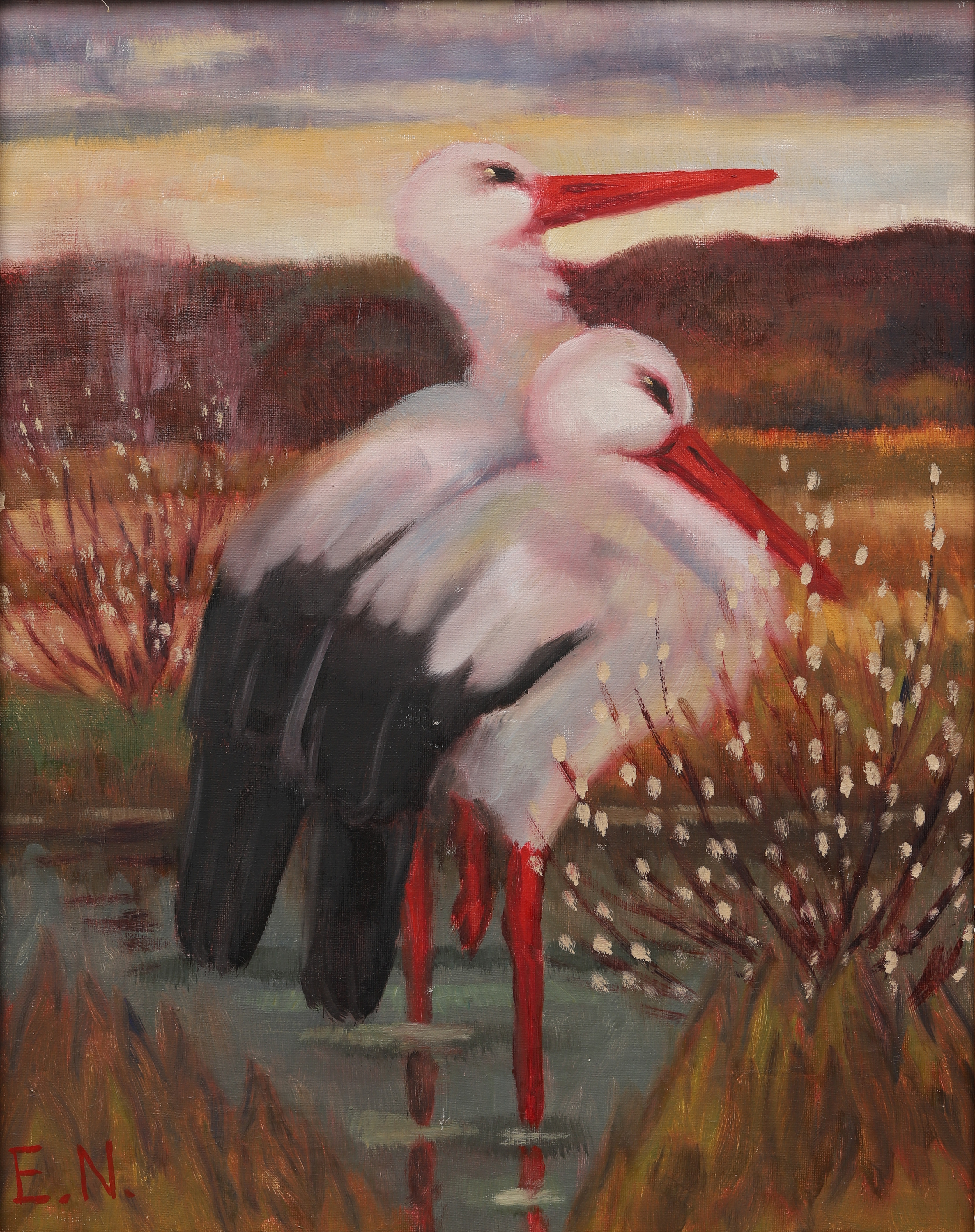 ERNST NORLIND. Storkpar i kärr, olja på duk, signerad E.N.
