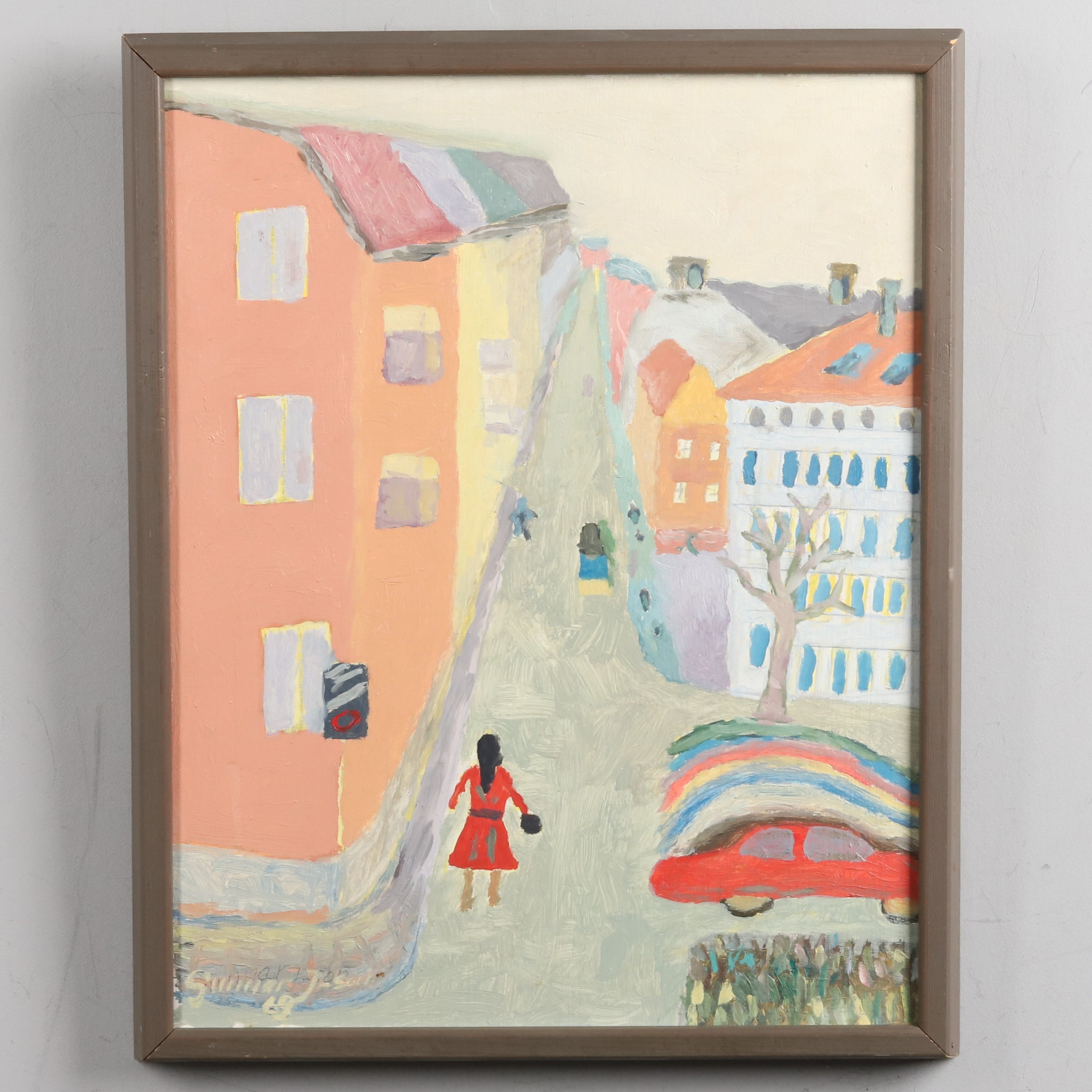 OKÄND KONSTNÄR, OLJA PÅ DUK, "Psykedelisk promenad genom stan", naivistisk stil, 1969.