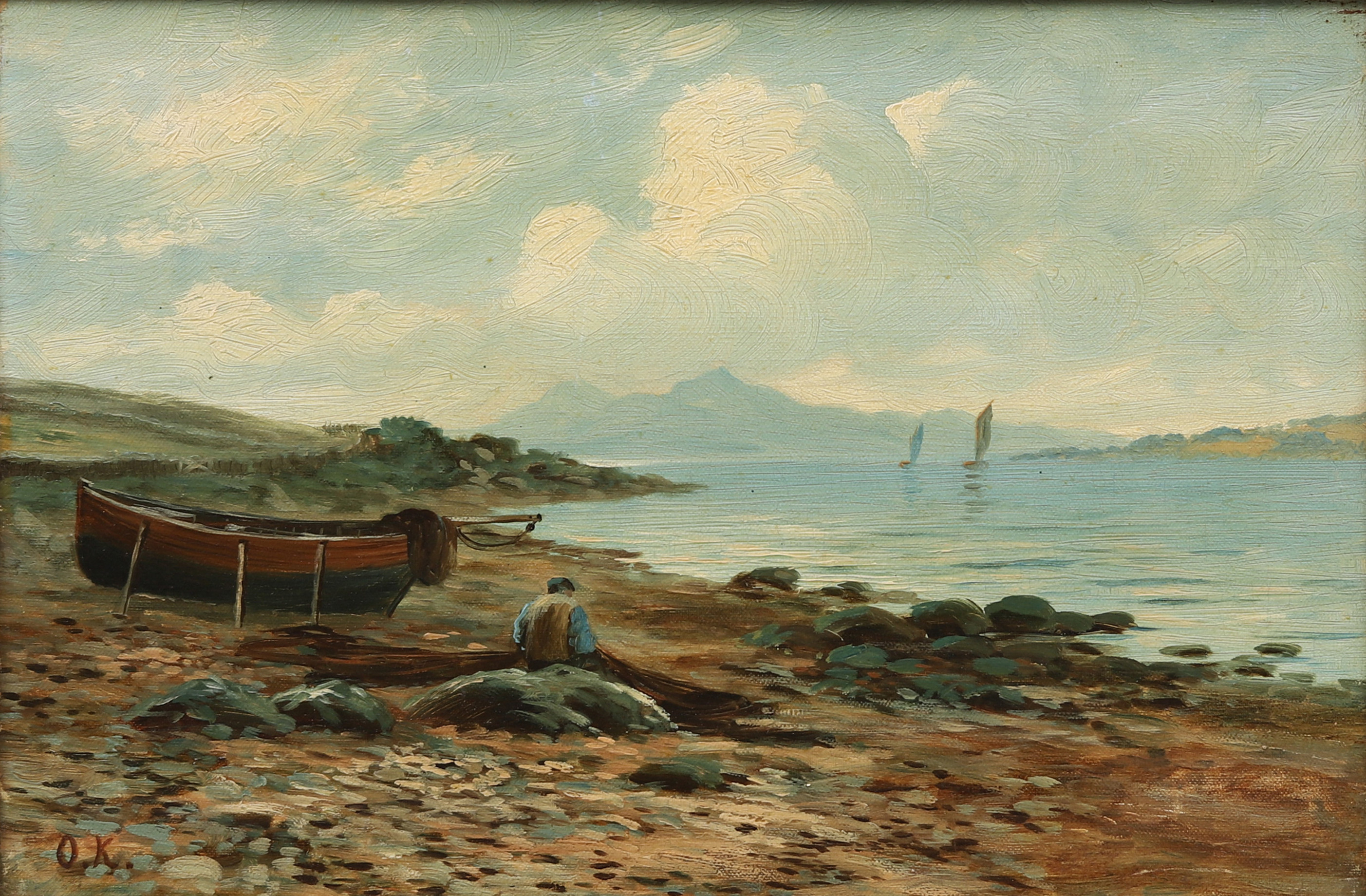 OLOF KRUMLINDE. Landskap vid sjö, olja på duk, signerad O.K.