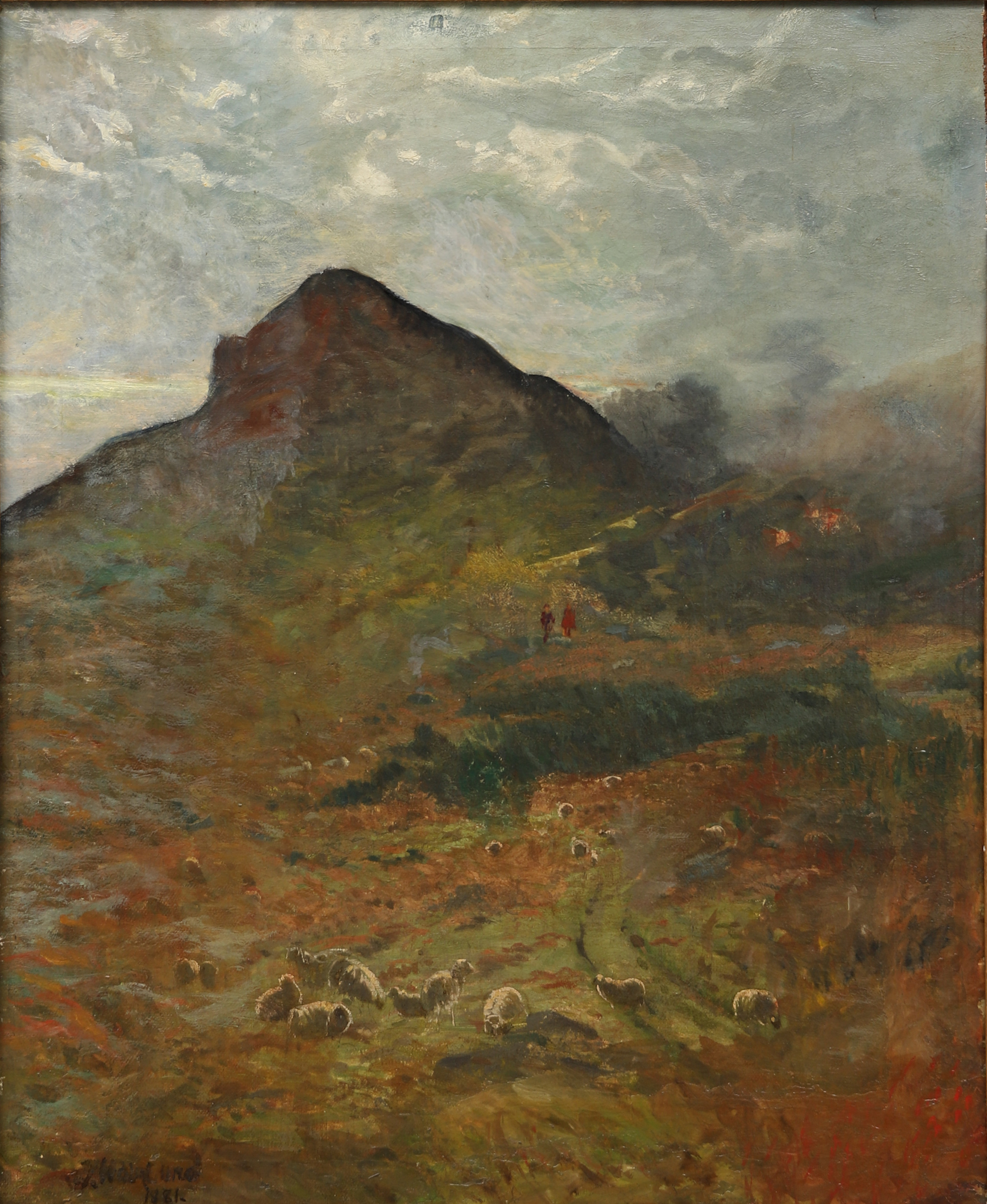OKÄND KONSTNÄR. Bergigt landskap med får, olja på uppfodrad duk, bär senare/förstärkt signatur och datering 1881.