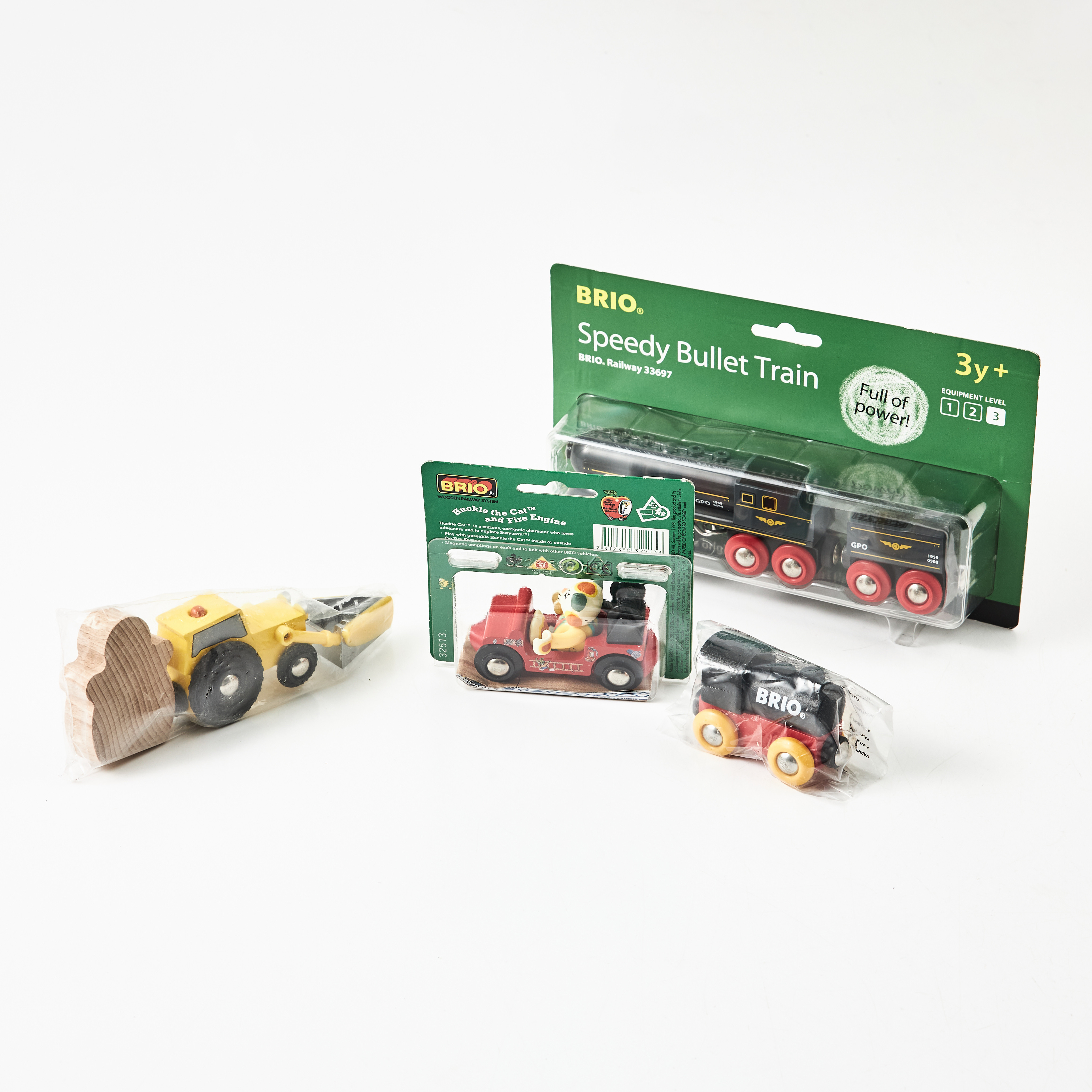 BRIO, 4 dlr, "Speedy Bullet Train", 2008, "Huckle the Cat and Fire Engine", 1998, "Letter Train Front Engine (modell 36076) 2011, Snöplog och snögubbe 2001.