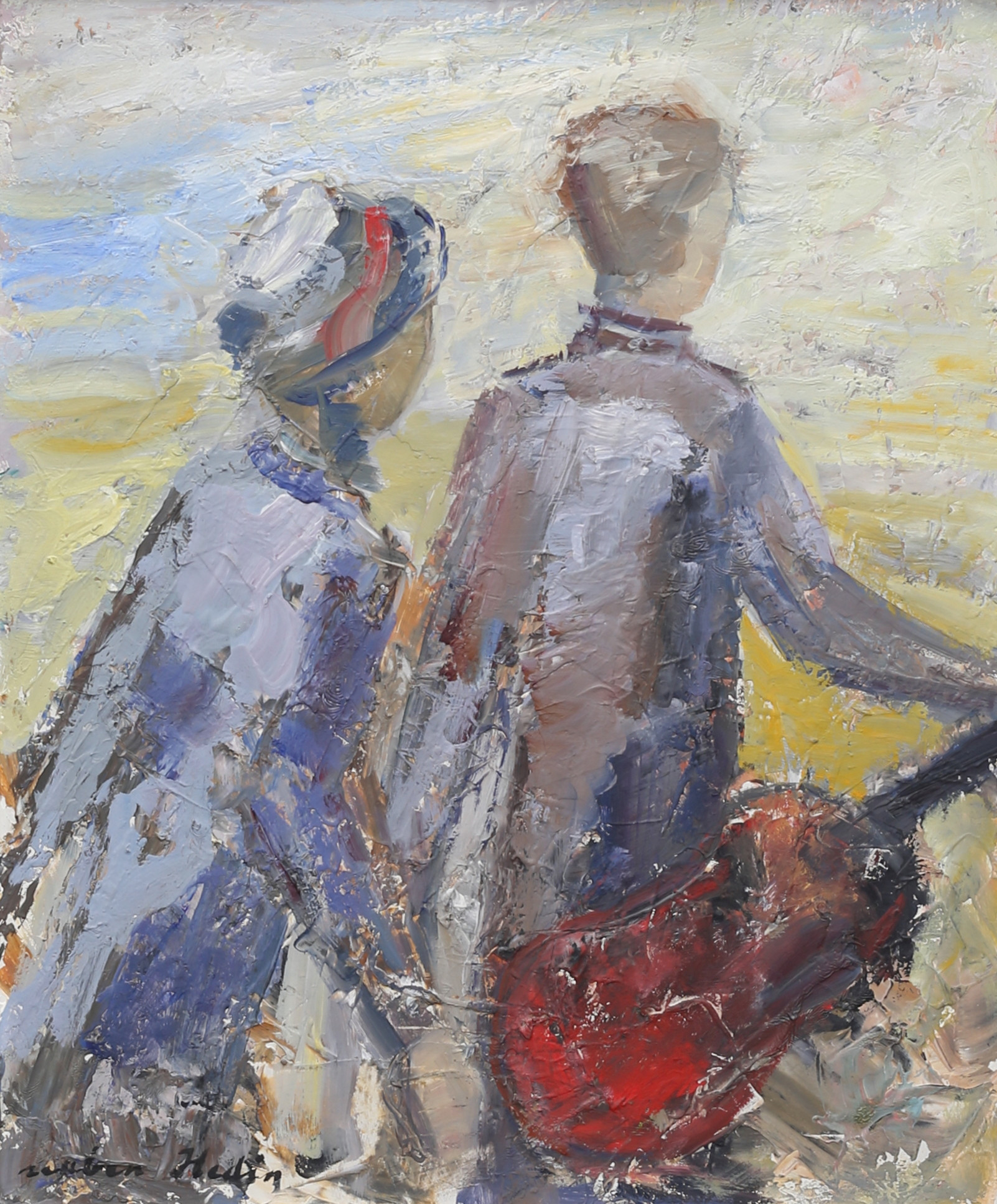 REUBEN HEDIN. "På väg till mötet", olja på pannå, signerad.