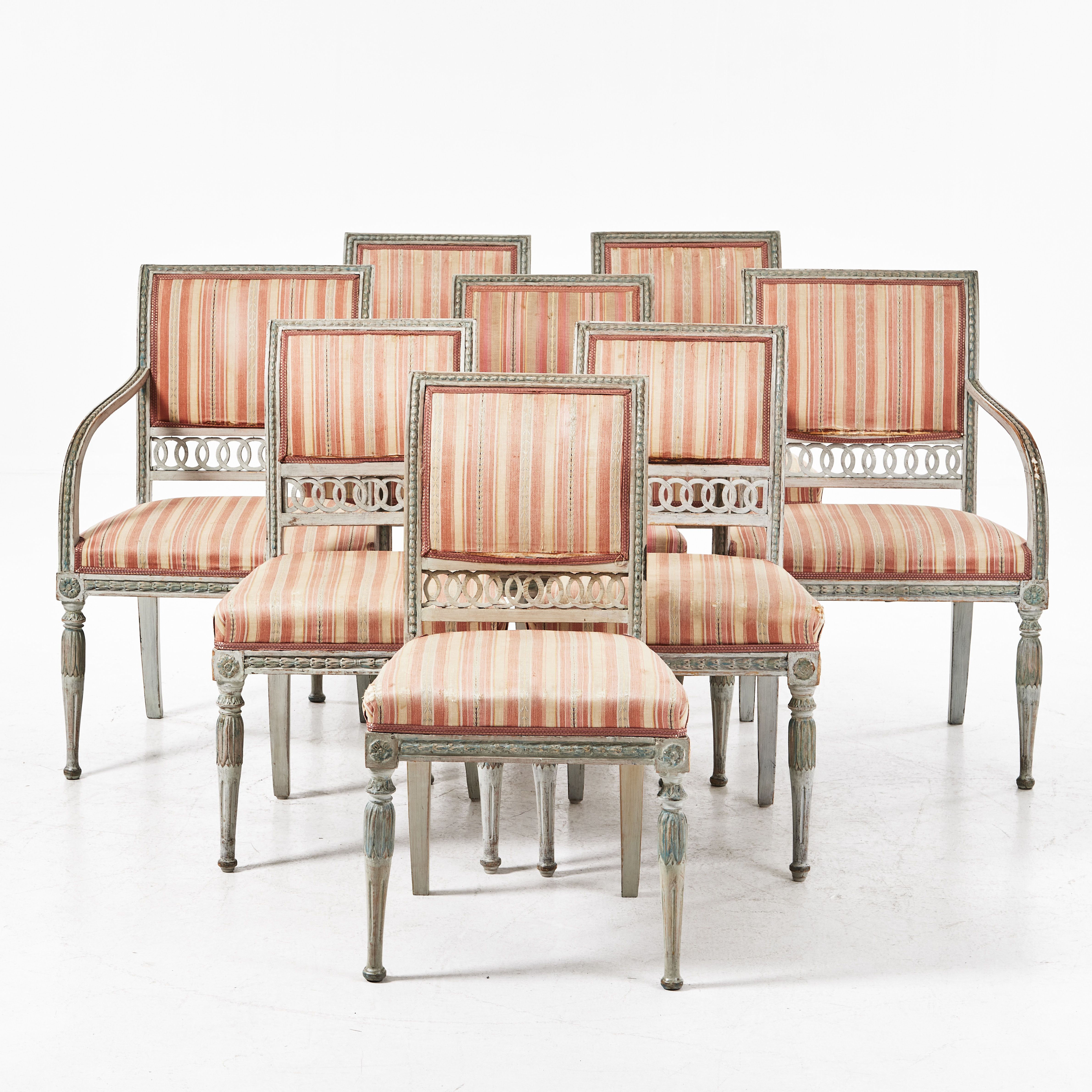 STOLAR, 6 st., KARMSTOLAR, 1 par, sengustavianska stockholmsarbeten, 1800-talets första kvartal, bemålade.