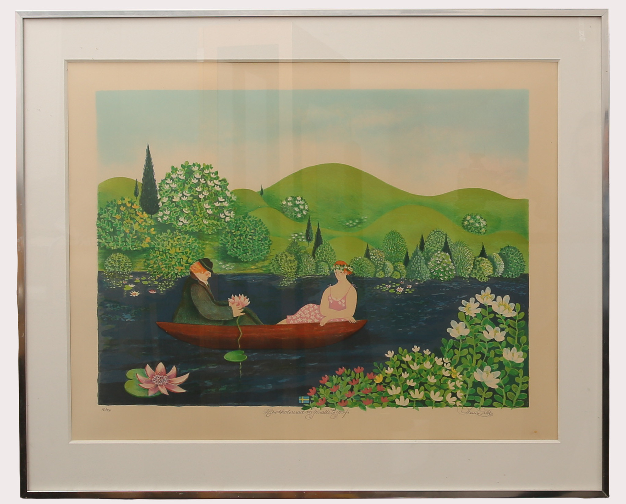 MARION BELIN. Handkolorerad färglitografi, romantisk båttur, "sommar" numrerad 18/390.