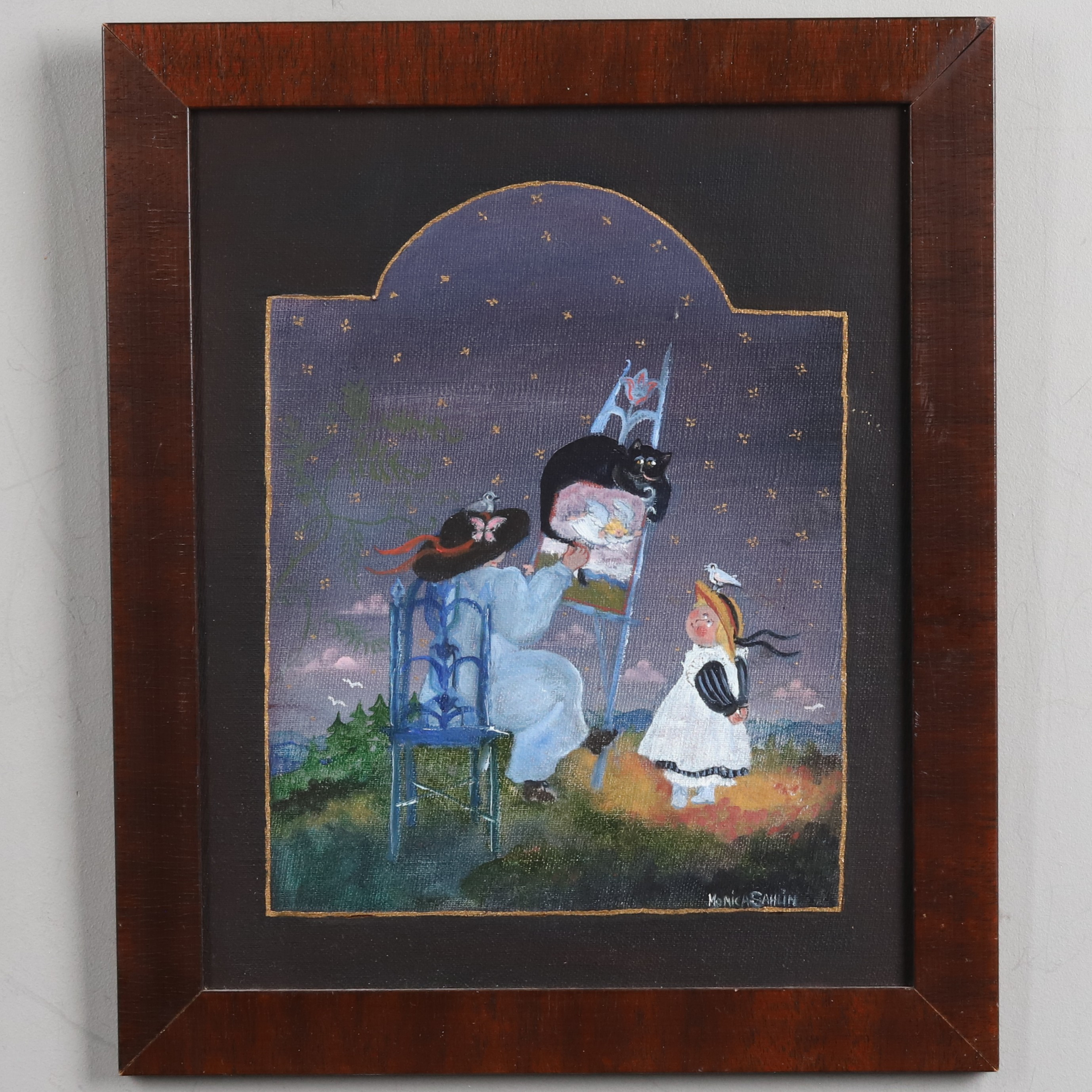 MONICA SAHLIN. Olja på canvasboard, "Änglamålning" signerad.