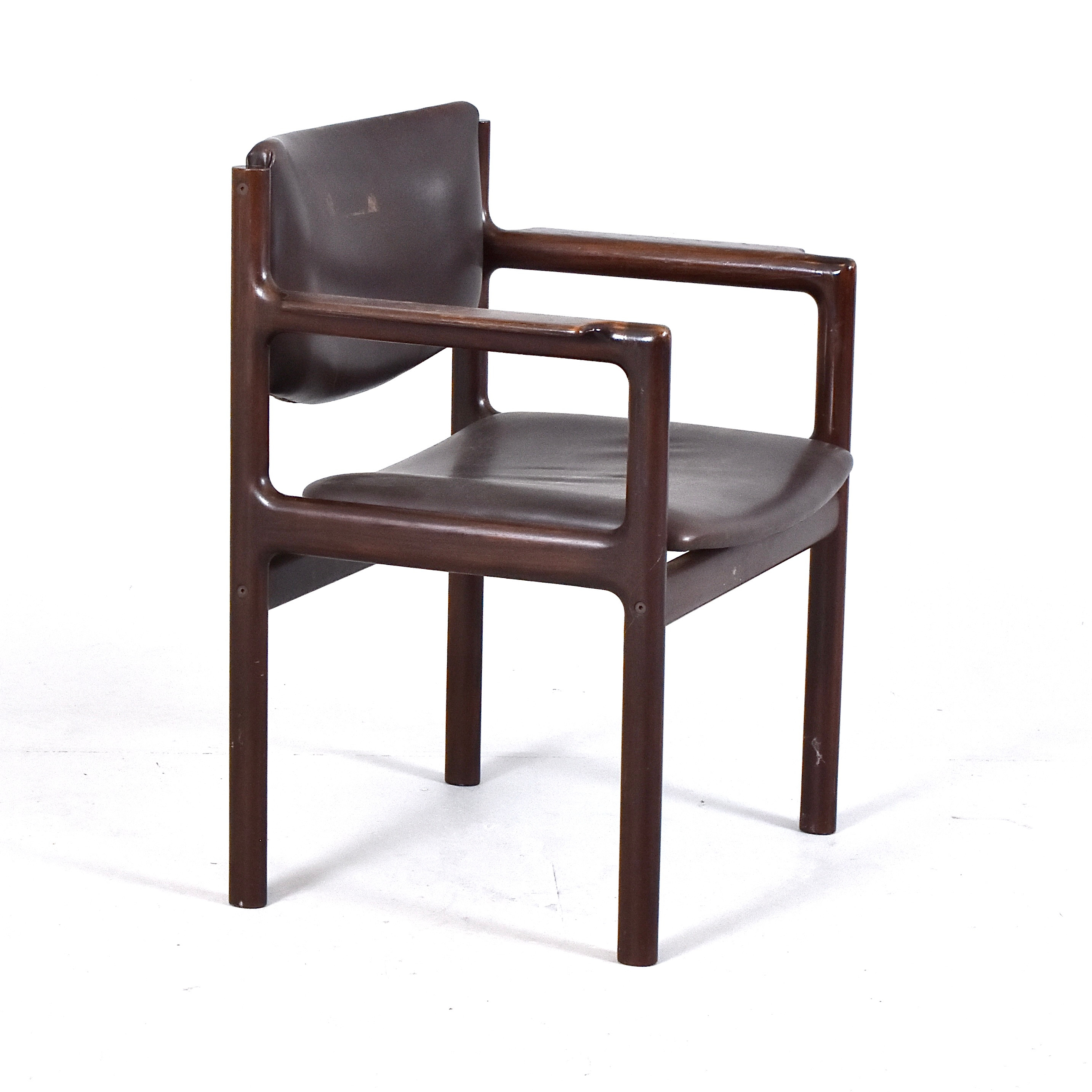 ARMSTOL, mahogny och brunt läder, Danmark, 1960-tal.