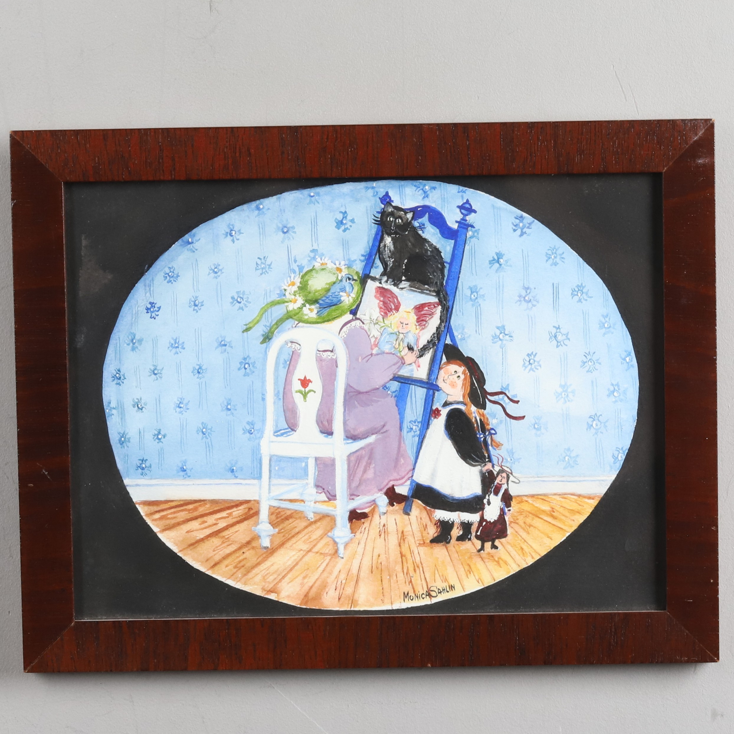 MONICA SAHLIN. Akvarell, "Målar med kattsvans", signerad.