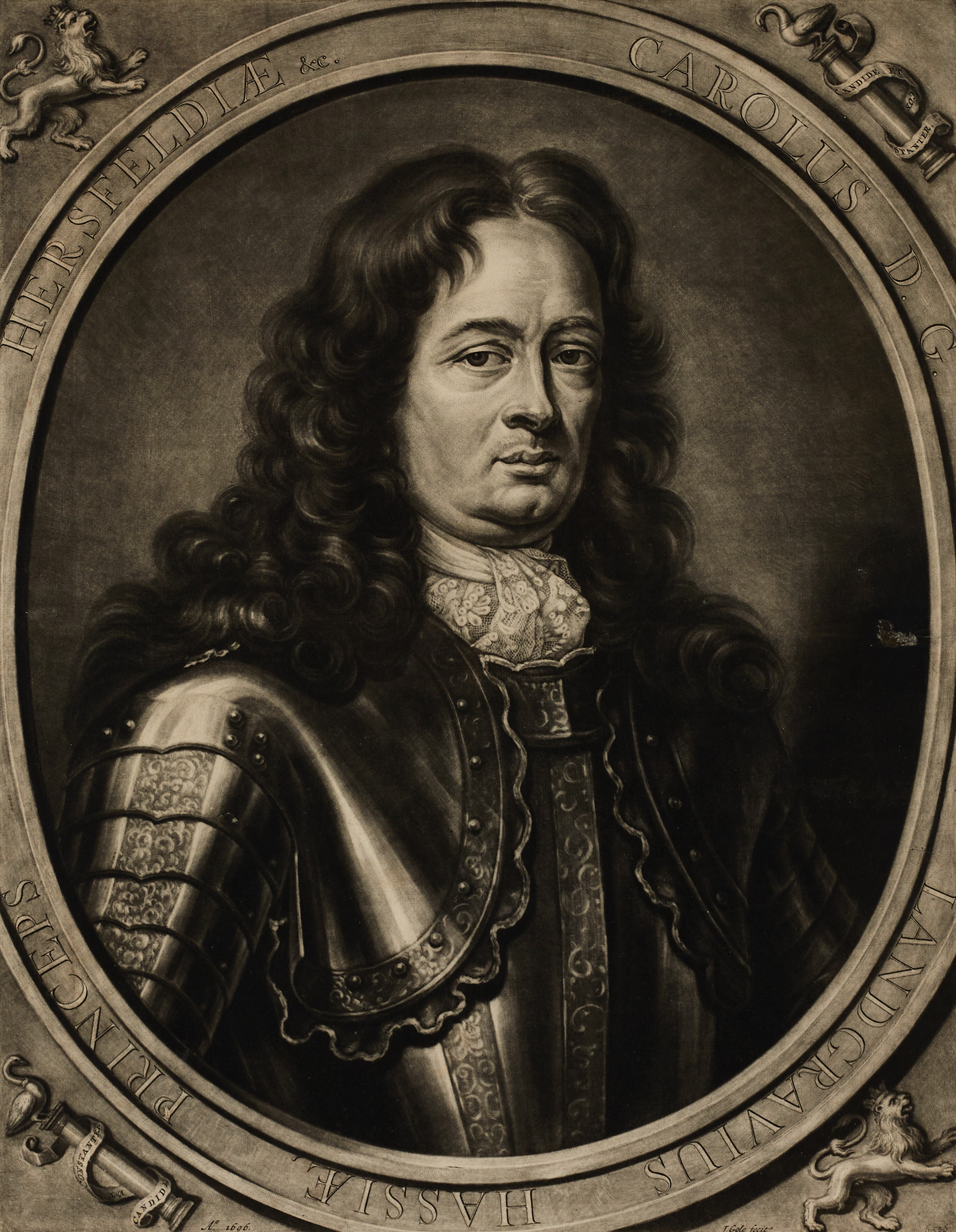 PORTRÄTT (2), JACOB GOLE (1660-1724), föreställande Karl von Hessen-Kassel (1654-1730); AUGUST VIND (verksam 1700-talets första hälft), föreställande Katharina von Bora (1499-1552, Martin Luthers hustru).