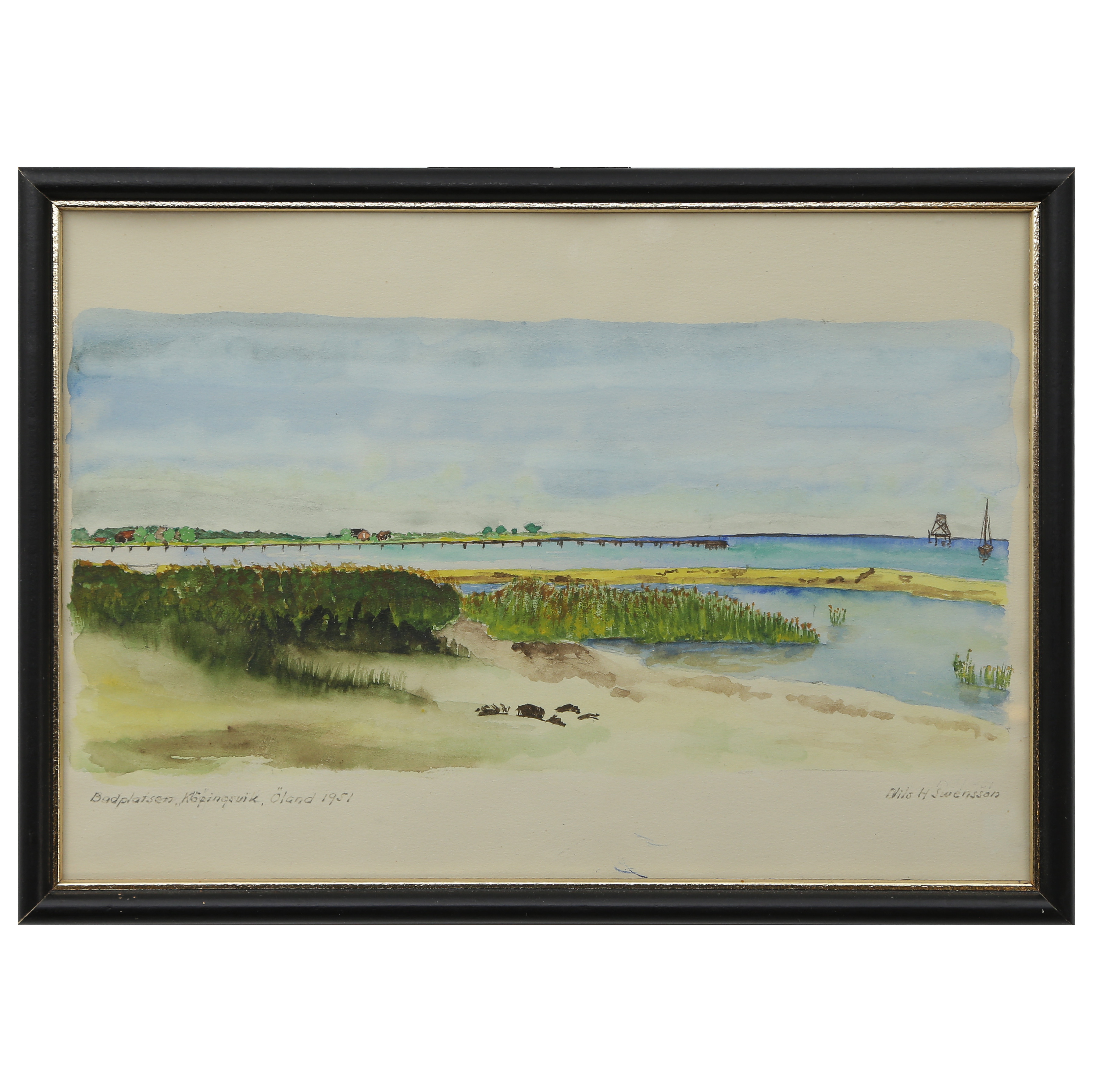 NILS H SWENSSON "BADPLATSEN, KÖPINGSVIK ÖLAND 1951" AKVARELL, SIGNERAD, DATERAD, INGLASAD.
