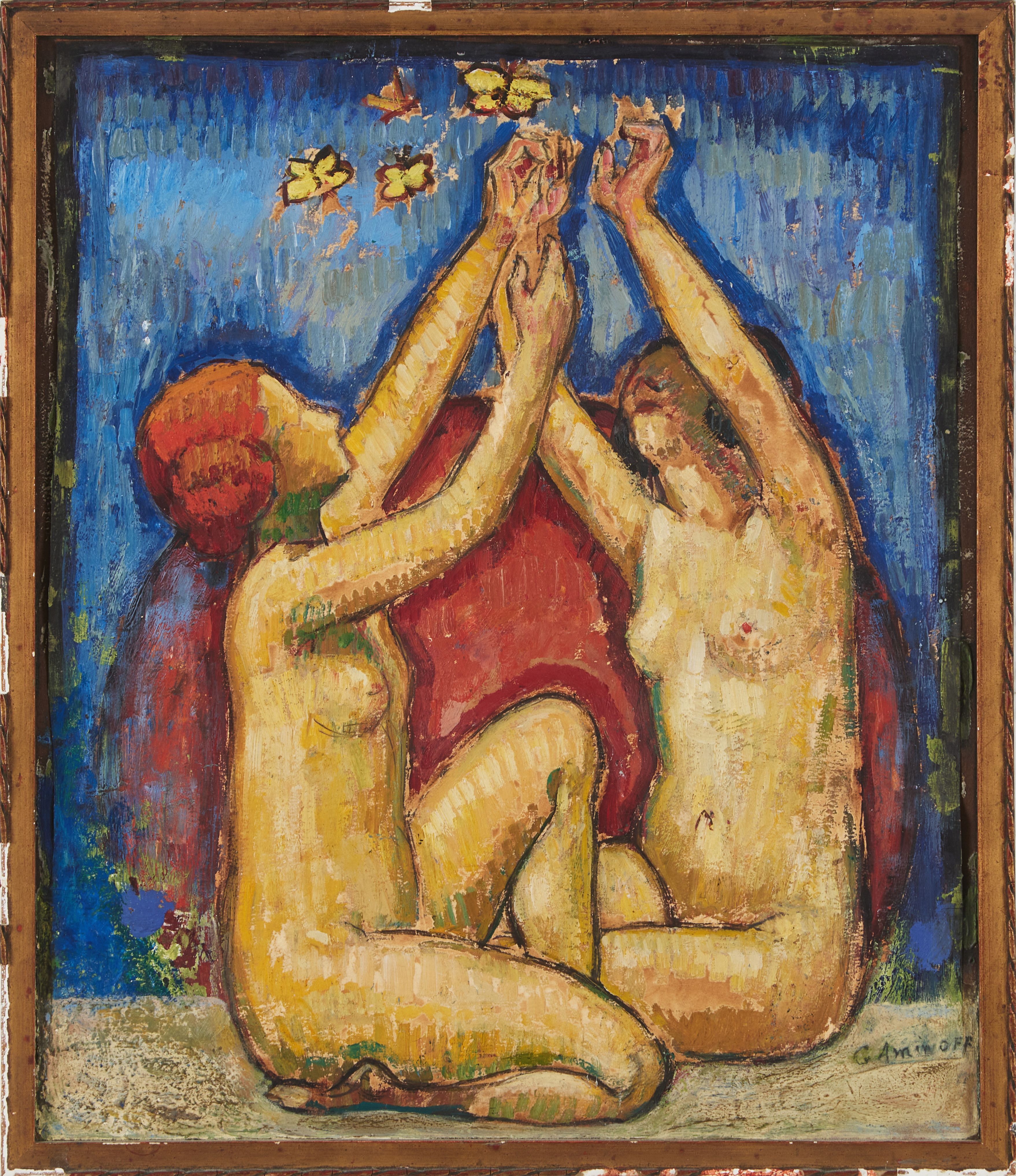 GREGORI AMINOFF (1883-1947). Figurkomposition, två kvinnor och fjärilar, olja på papper fäst mot pannå, signerad G Aminoff.