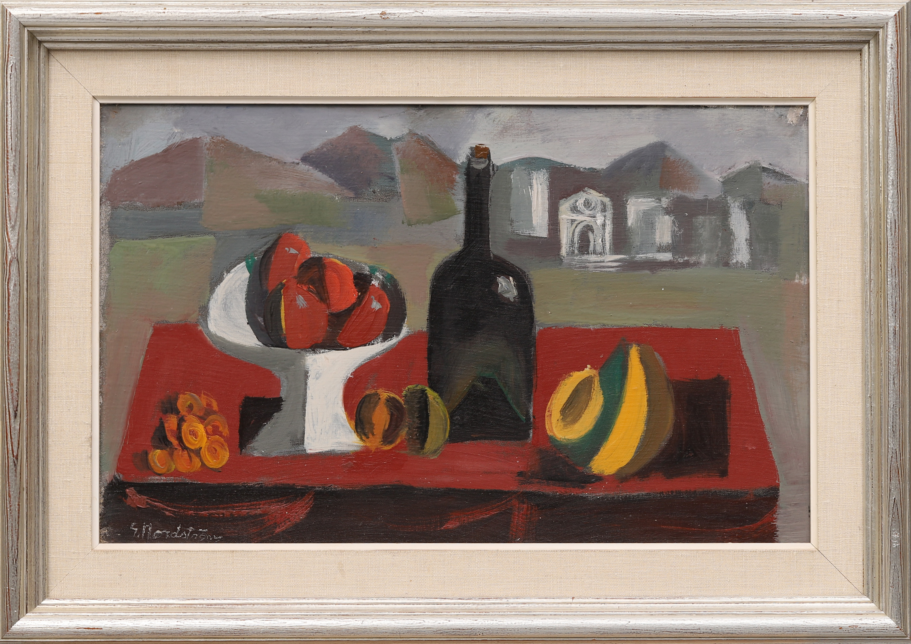 GERHARD  NORDSTRÖM. Olja på pannå. "Stilleben och landskap", Signerad.