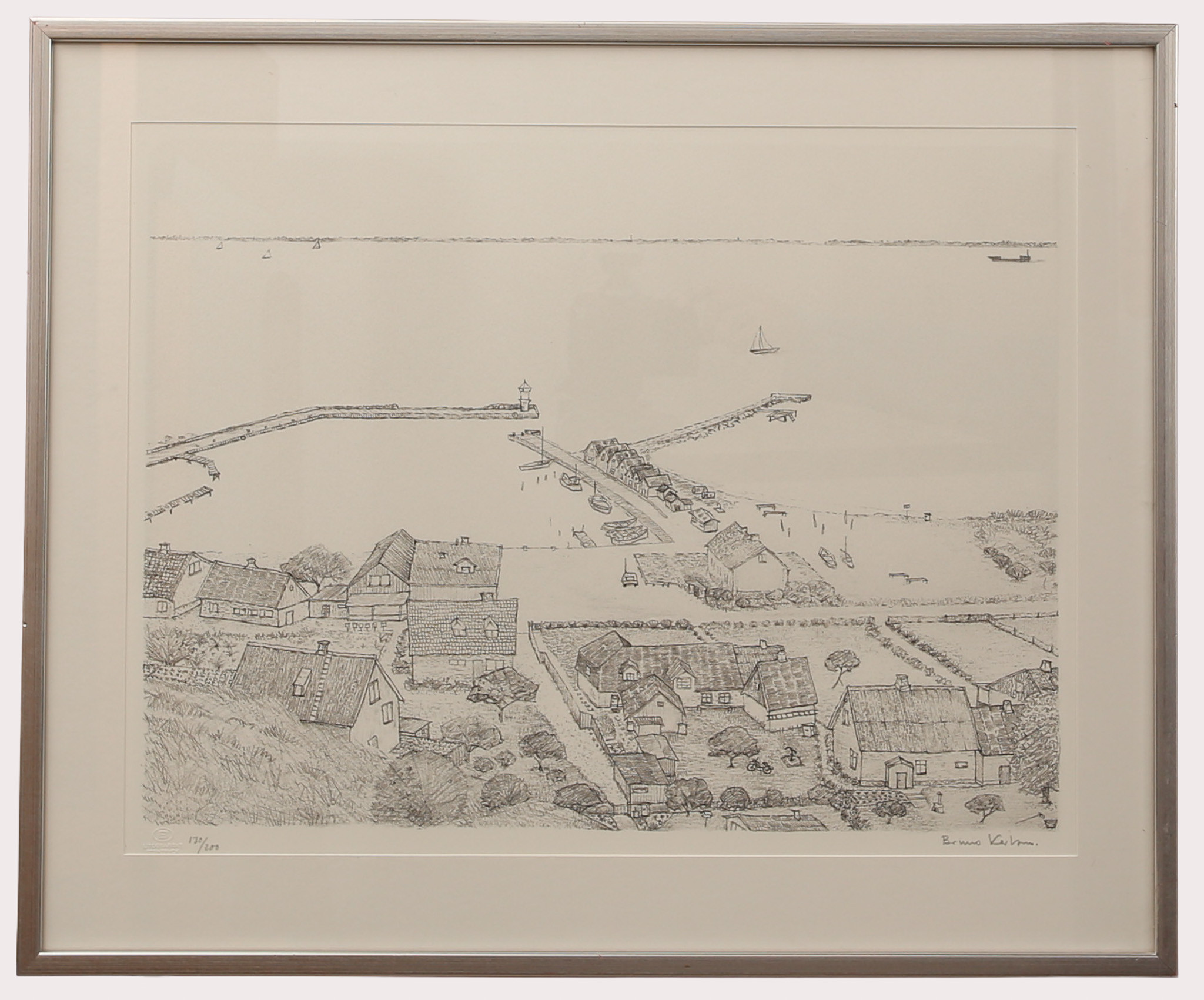 BRUNO KARLSSON. Litografi, fiskeby, numrerad 130/200, signerad.