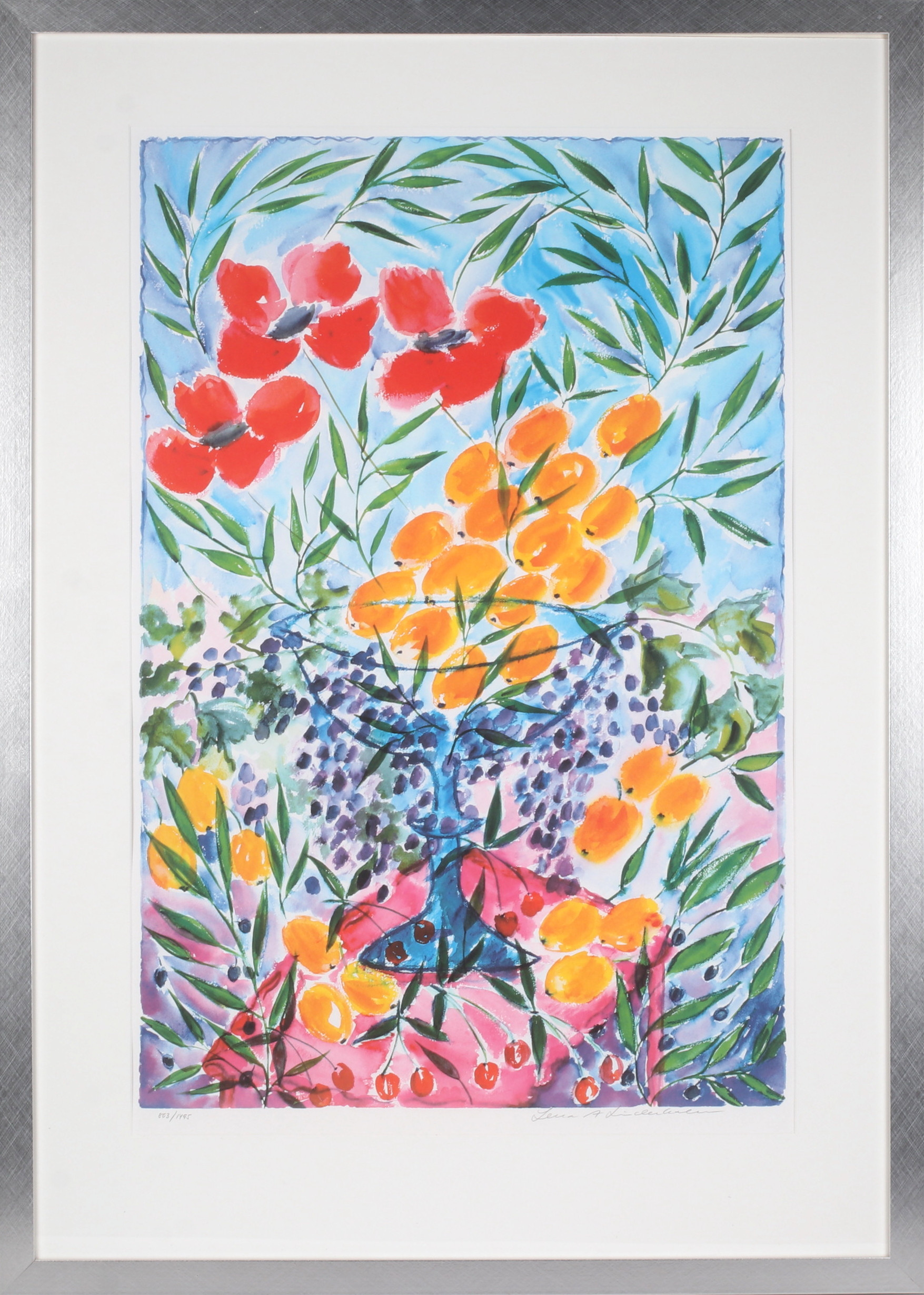 LENA LINDERHOLM. Blomsterstilleben, färglitografi, signerad och numrerad 803/1495.