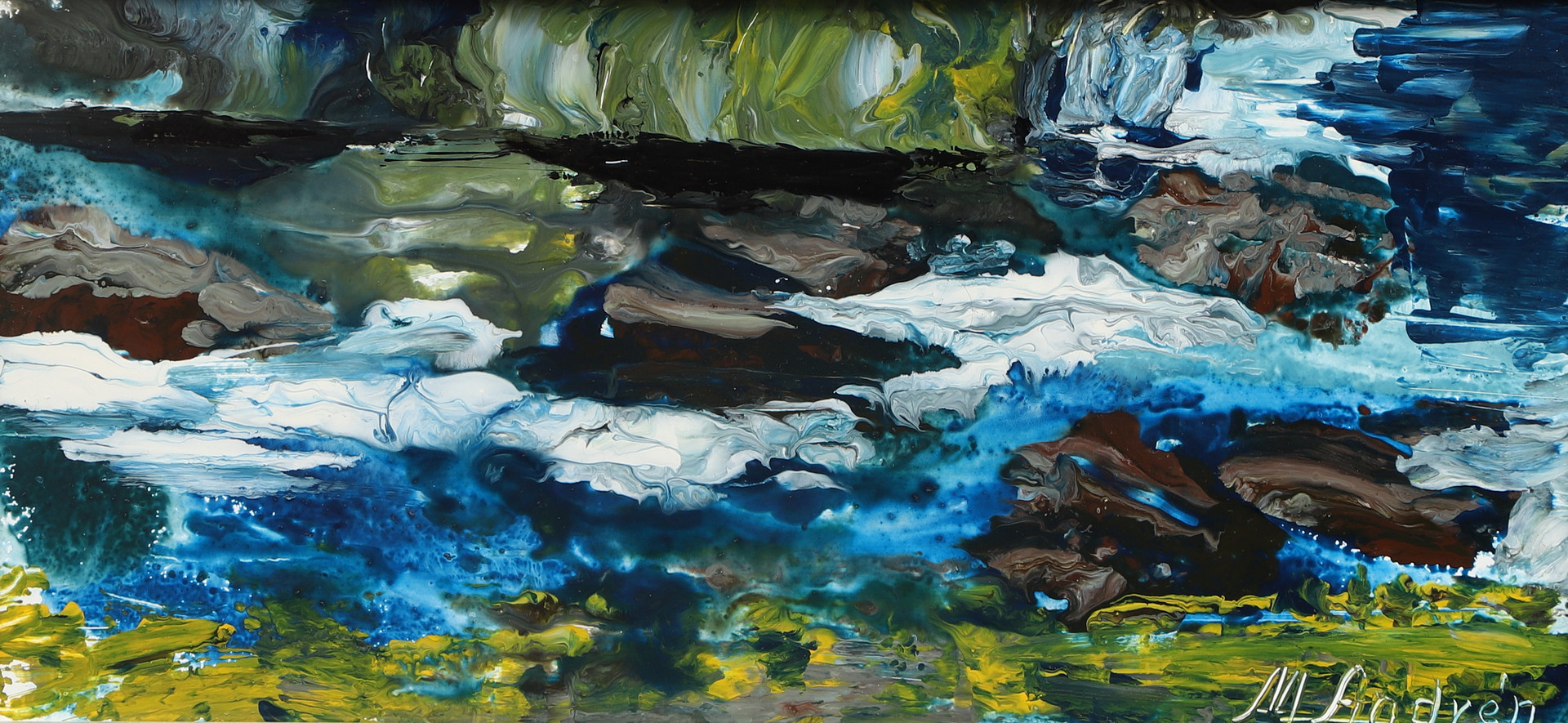 MAJ-BRITT ANDRÉN. Olja med lack på pannå, "Kustmotiv", Kristianopel, Blekinge, 1980-tal.