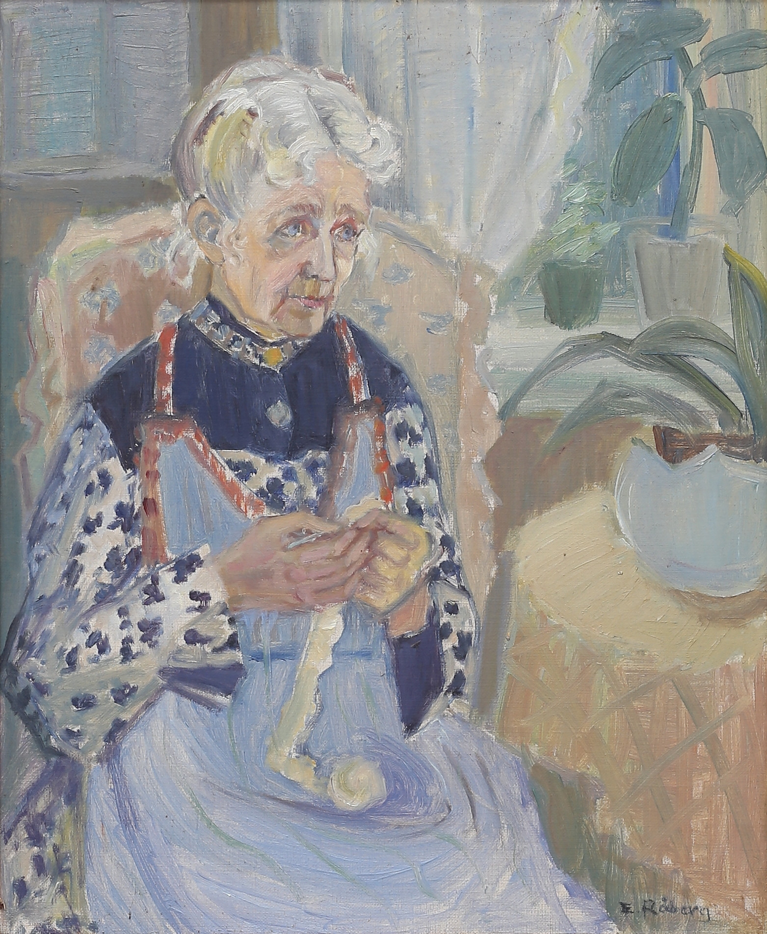 OIDENTIFIERAD KONSTNÄR. Stickande kvinna, olja på duk, signerad E Råberg.