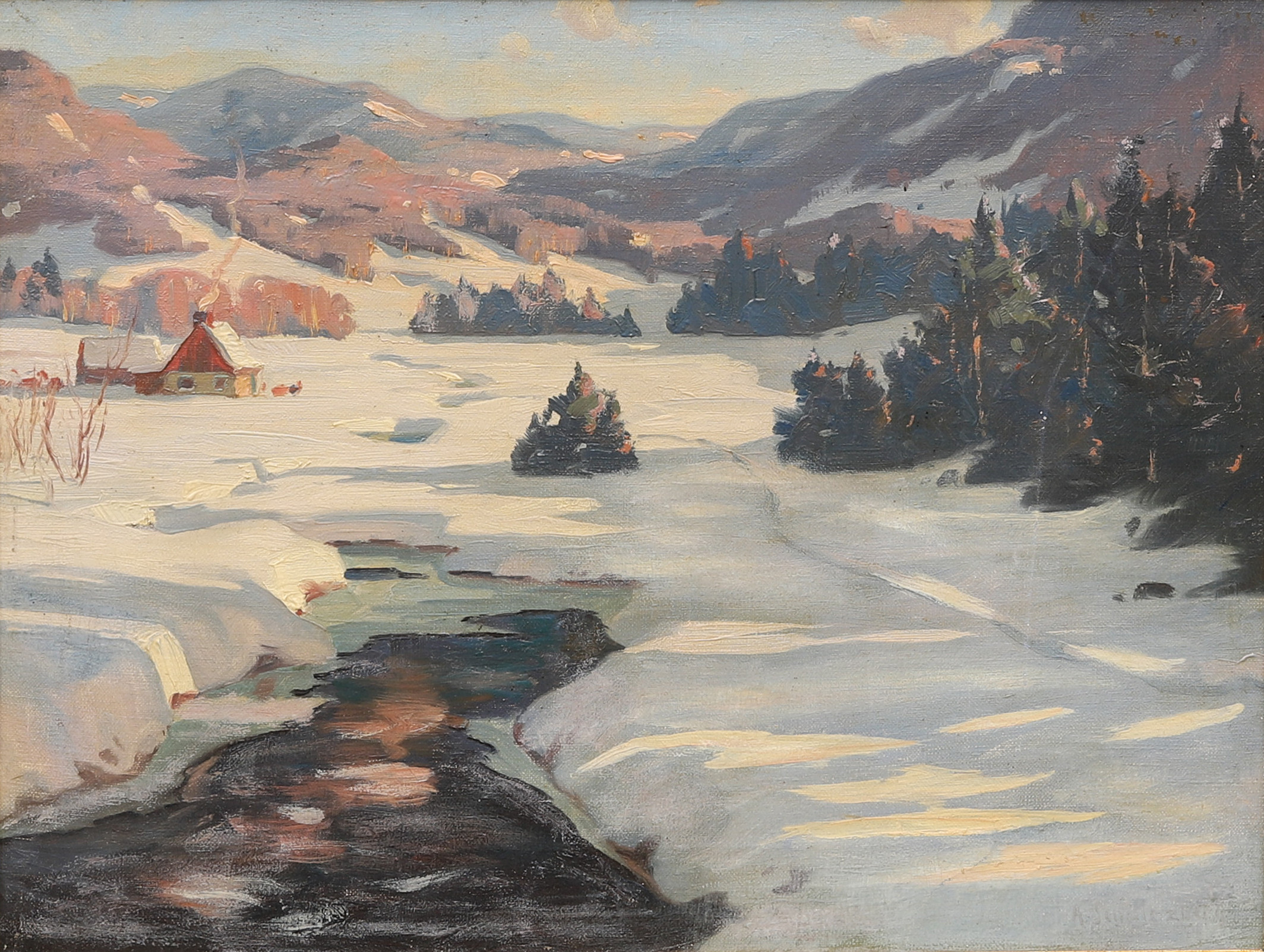 ANSHELM SCHULTZBERG. Soligt vinterlandskap, olja på duk, signerad (blekt).