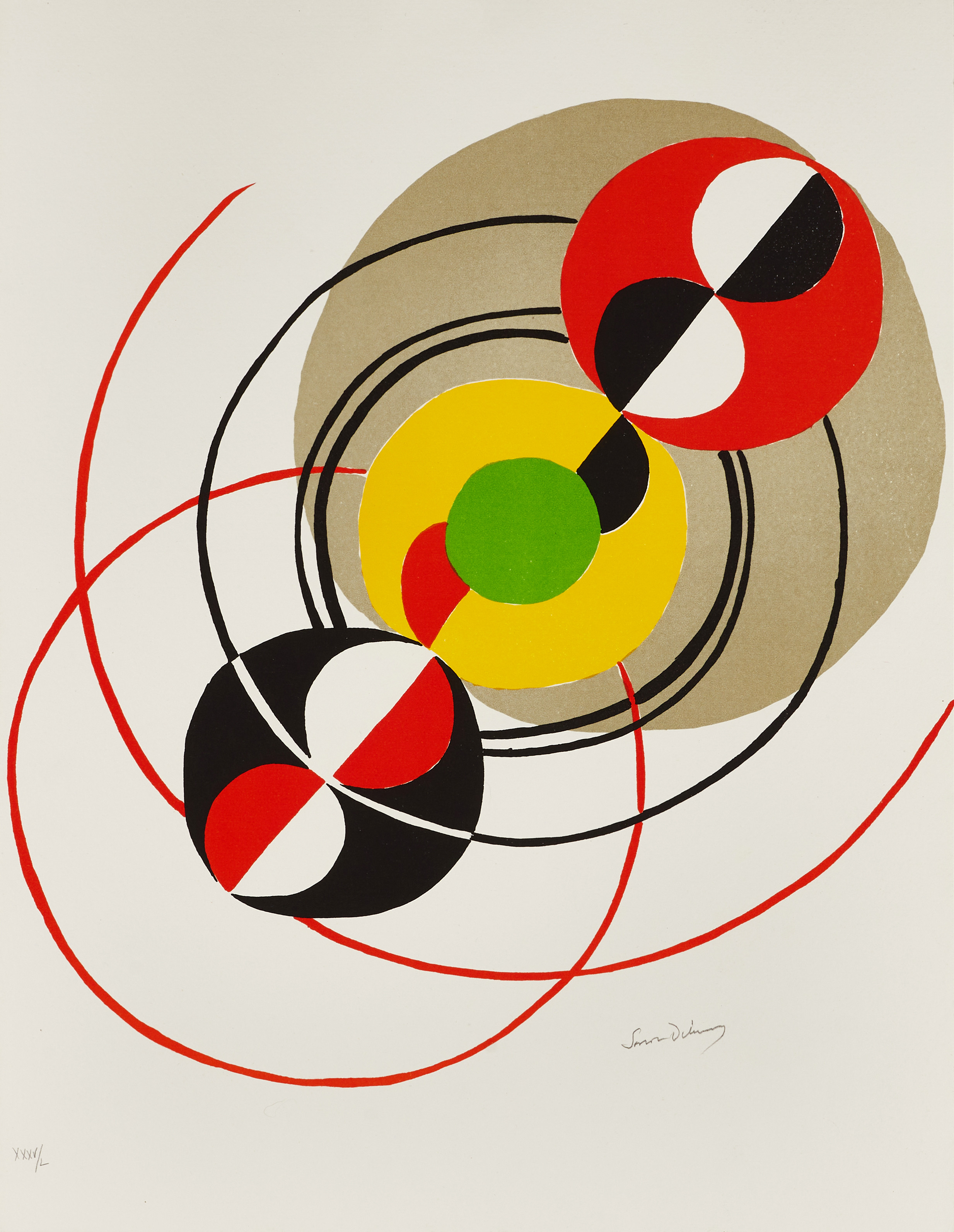 SONIA DELAUNAY (Ukraina/Frankrike, 1885-1979), "Disques" / "Sputnik", 1976, signerad med blyerts Sonia Delaunay, och numrerad XXXV/L, färglitografi.