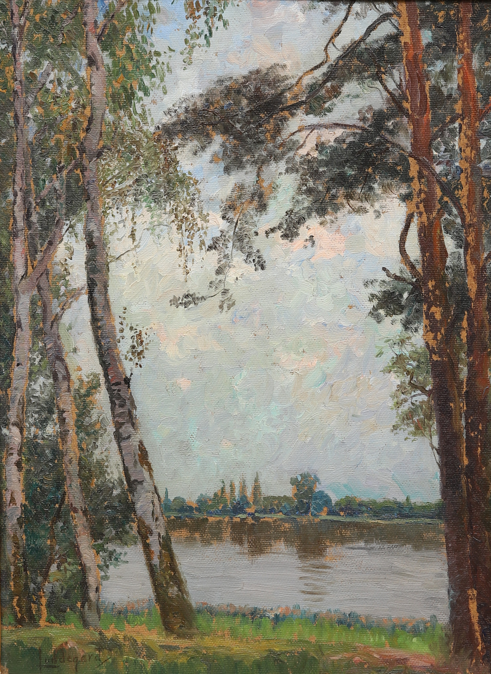 JUSTUS LUNDEGÅRD (1860-1924). Sommar vid sjön, olja på pannå, signerad.