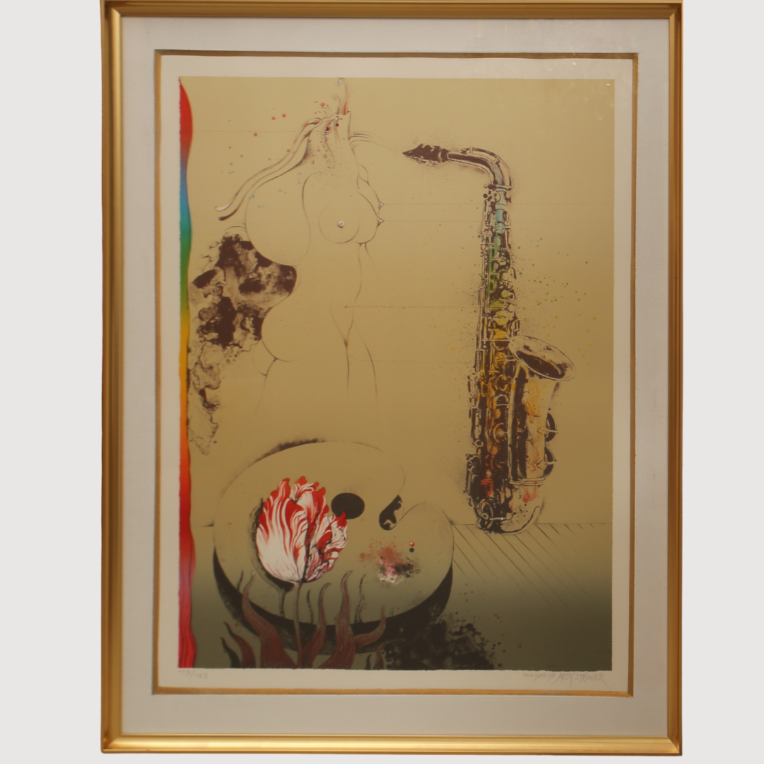 ARDY STRÜWER. Färglitografi, komposition med saxofon och blommor, numrerad 113/125, signerad.