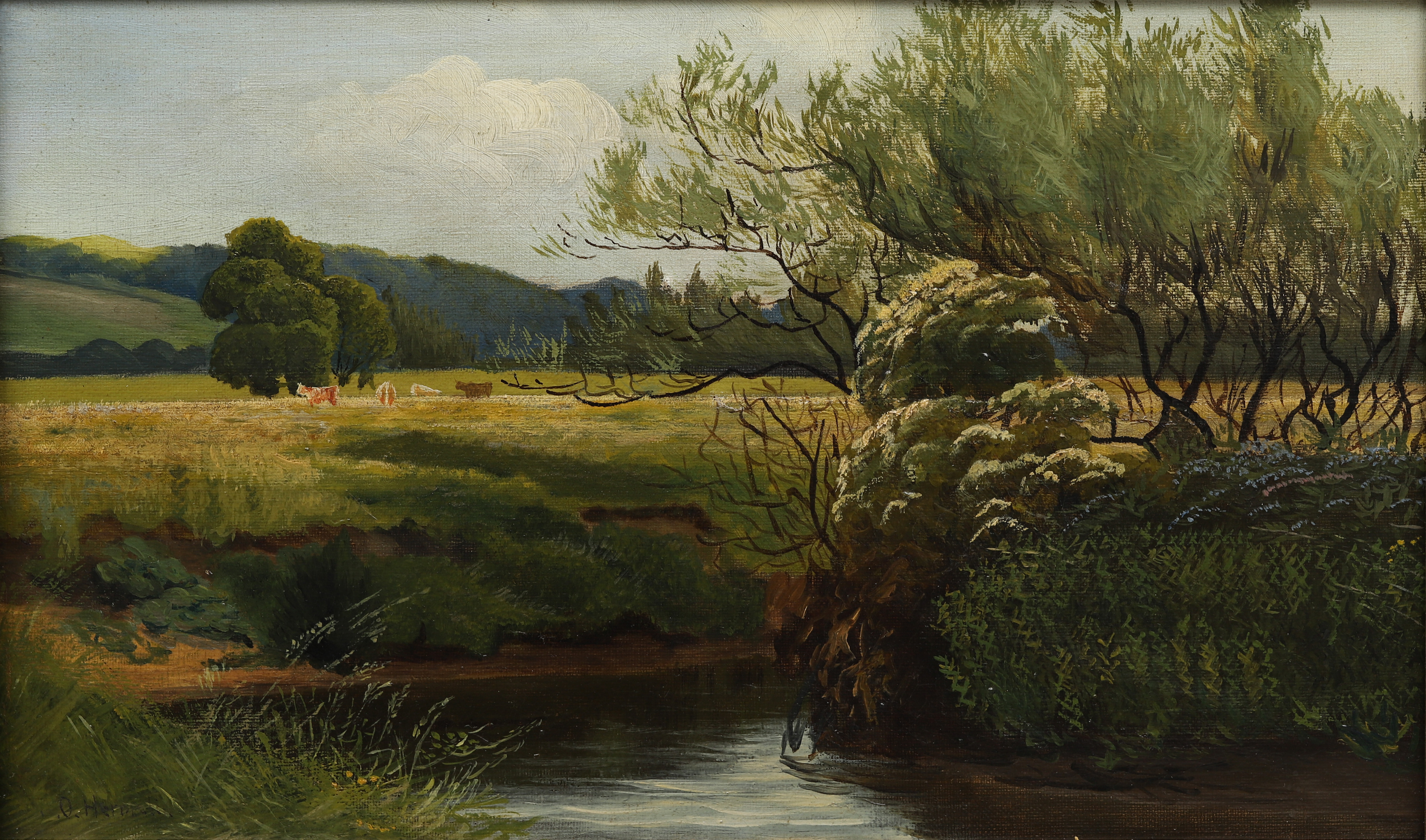OLOF HERMELIN. Sommarlandskap med vattendrag och kor, olja på duk, signerad.