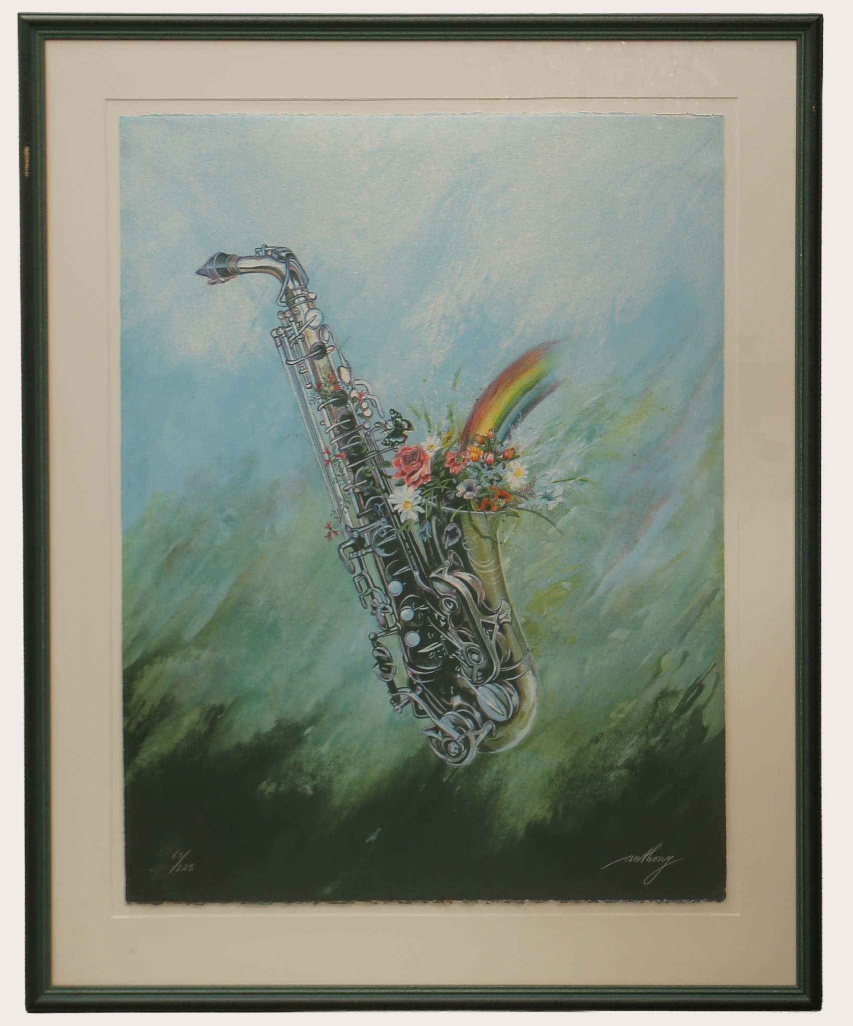 ANTHONY STRÜWER. Färglitografi, blommor i saxofon, numrerad 63/225, signerad Anthony.
