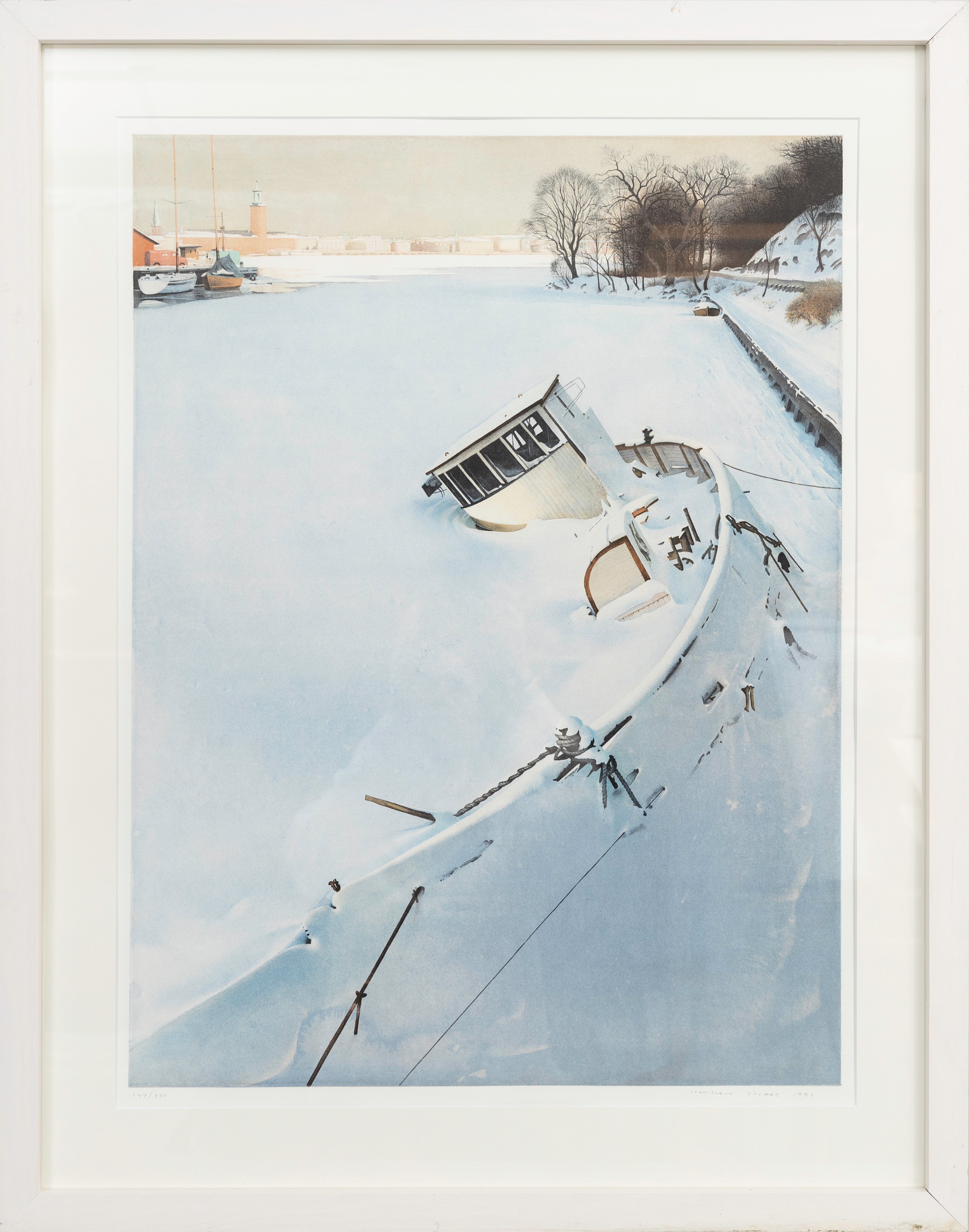 STANISLAW ZOLADZ. Snötäckt båt, Pålsundet, signerad, numrerad och daterad, 147/250, 1991.