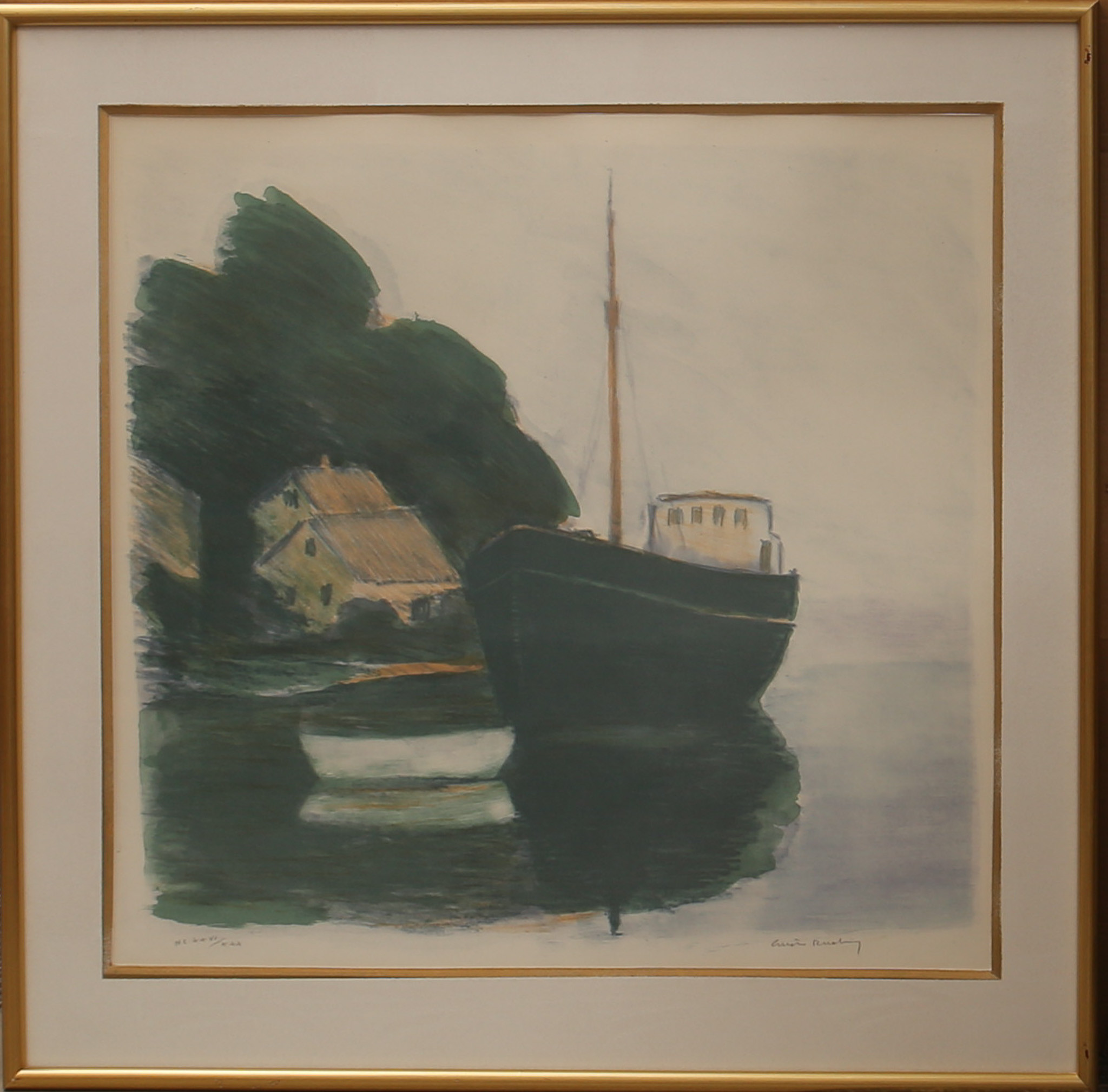 GUSTAV RUDBERG. Färglitografi, båt i hamn, numrerad, signerad.