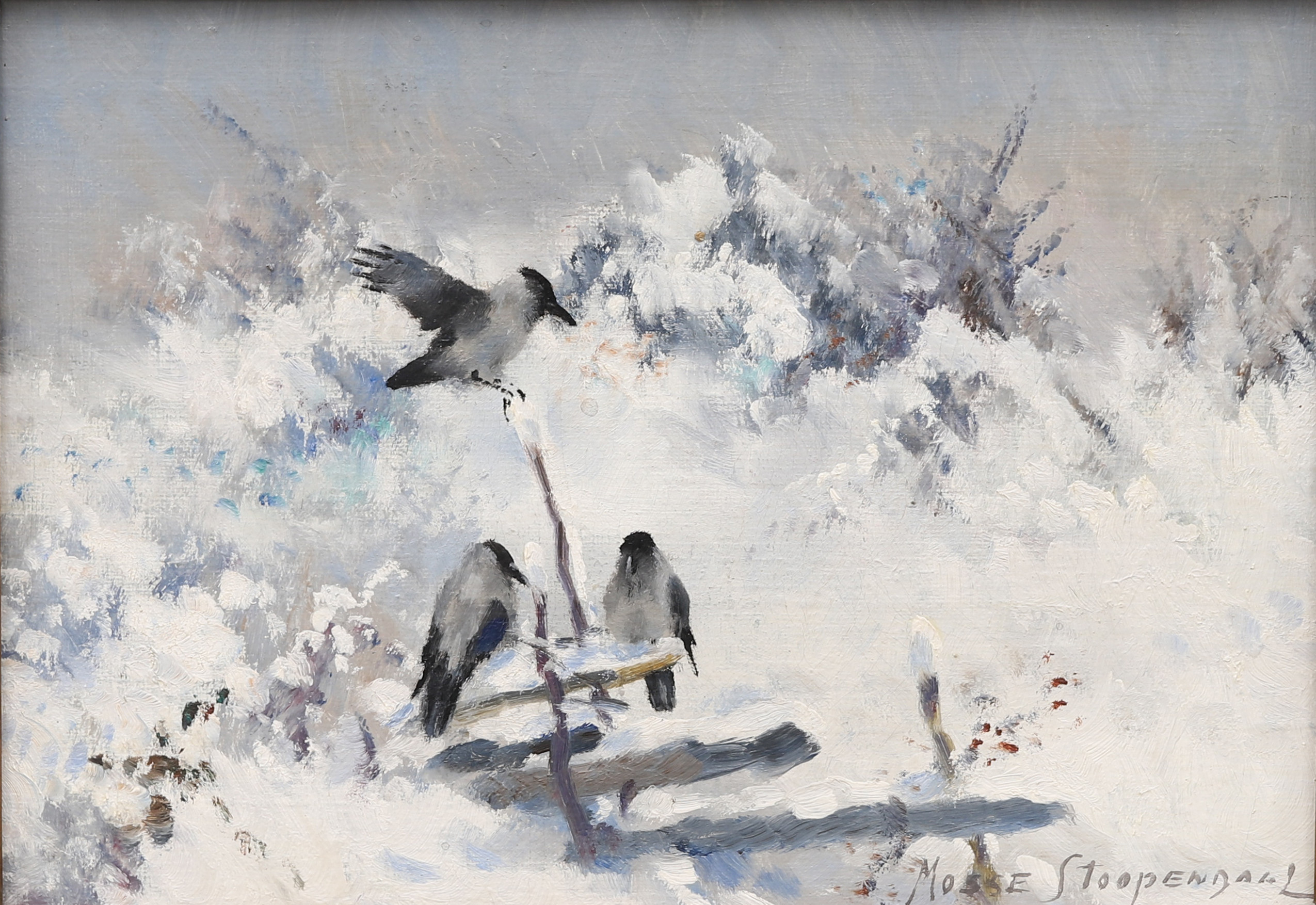 MOSSE STOOPENDAAL. Kråkor i vinterlandskap, olja på duk, signerad.