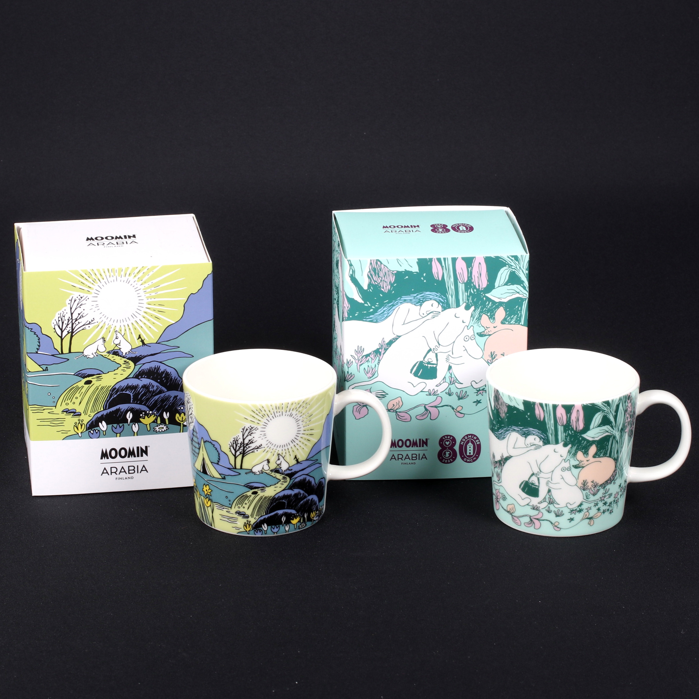 MUMINMUGGAR, 2 st, porslin, "Mumindagen", Arabia, Finland.