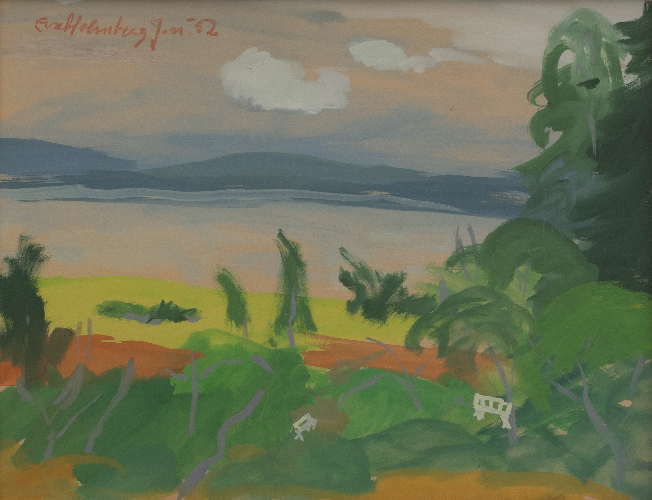 EVA HOLMBERG- JACOBSSON (1910-2003). Kustlandskap, blandteknik, signerad och daterad -52.