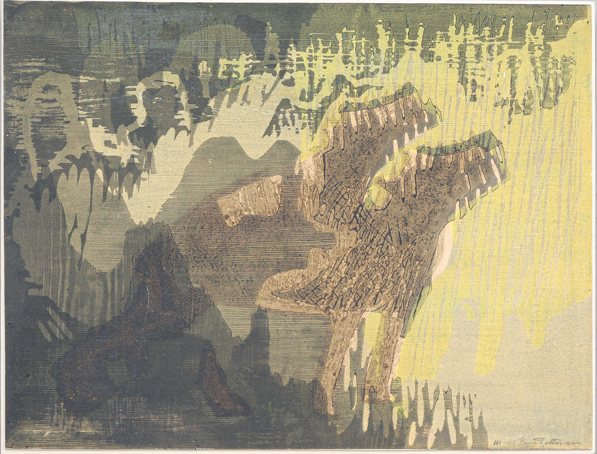 RUNE PETTERSSON. Abstrakt komposition, träsnittklistrad på pannå, numrerad 110+/115, signerad.