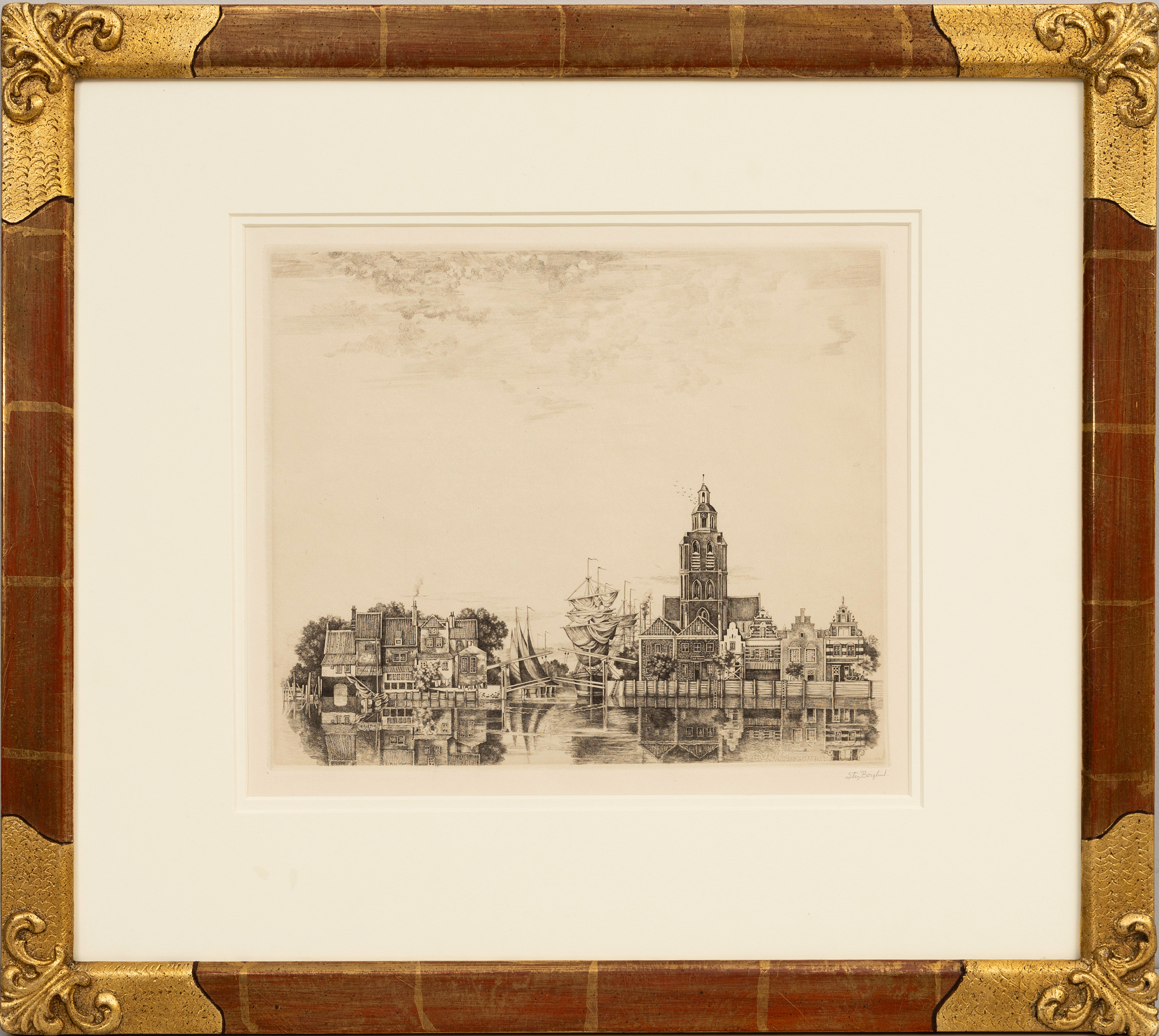 STIG BORGLIND. Stad vid vatten, mellaneuropa, torrnål, signerad.