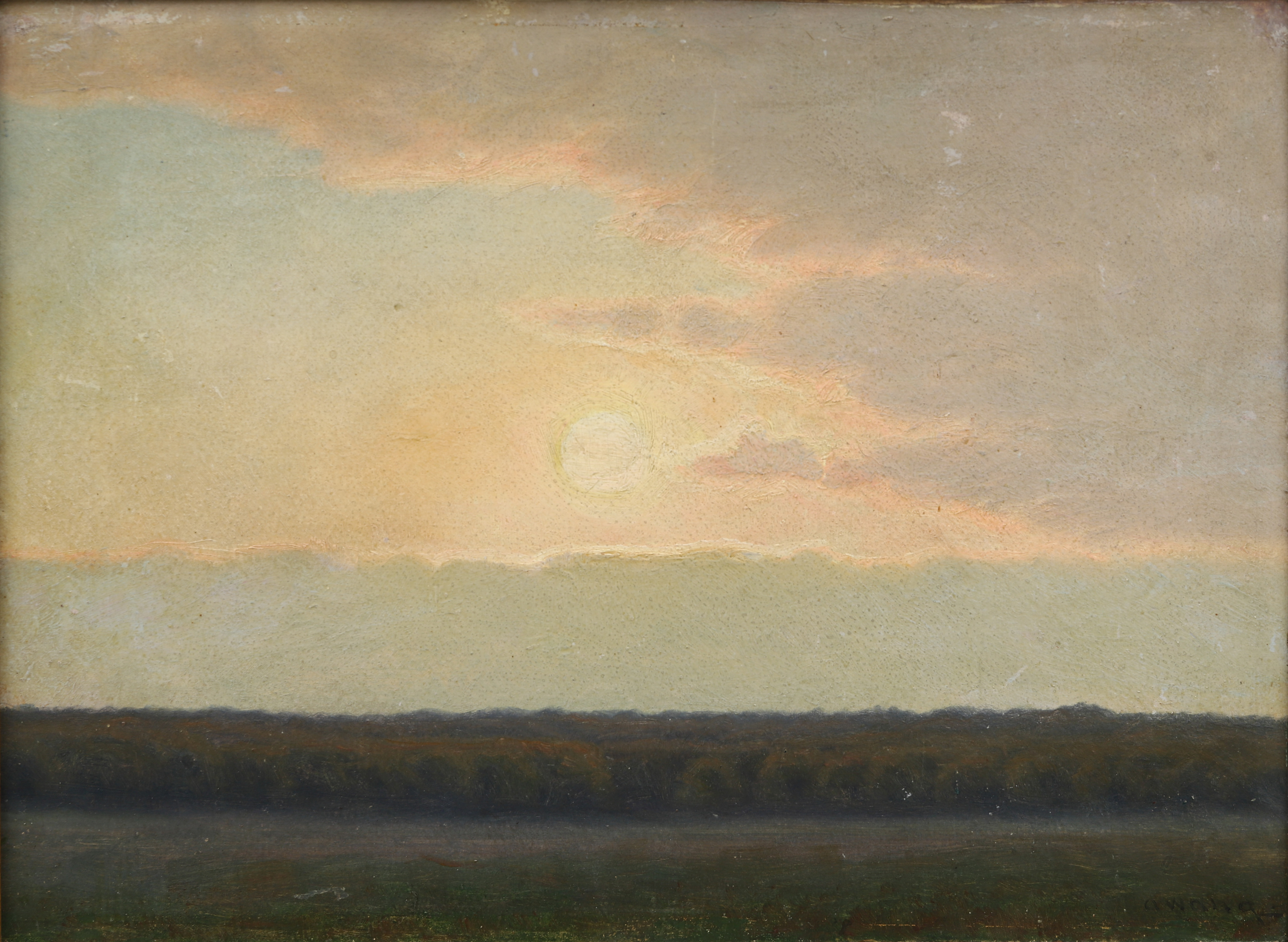 ALFRED WAHLBERG. Gryningslandskap, olja på pannå, signerad.