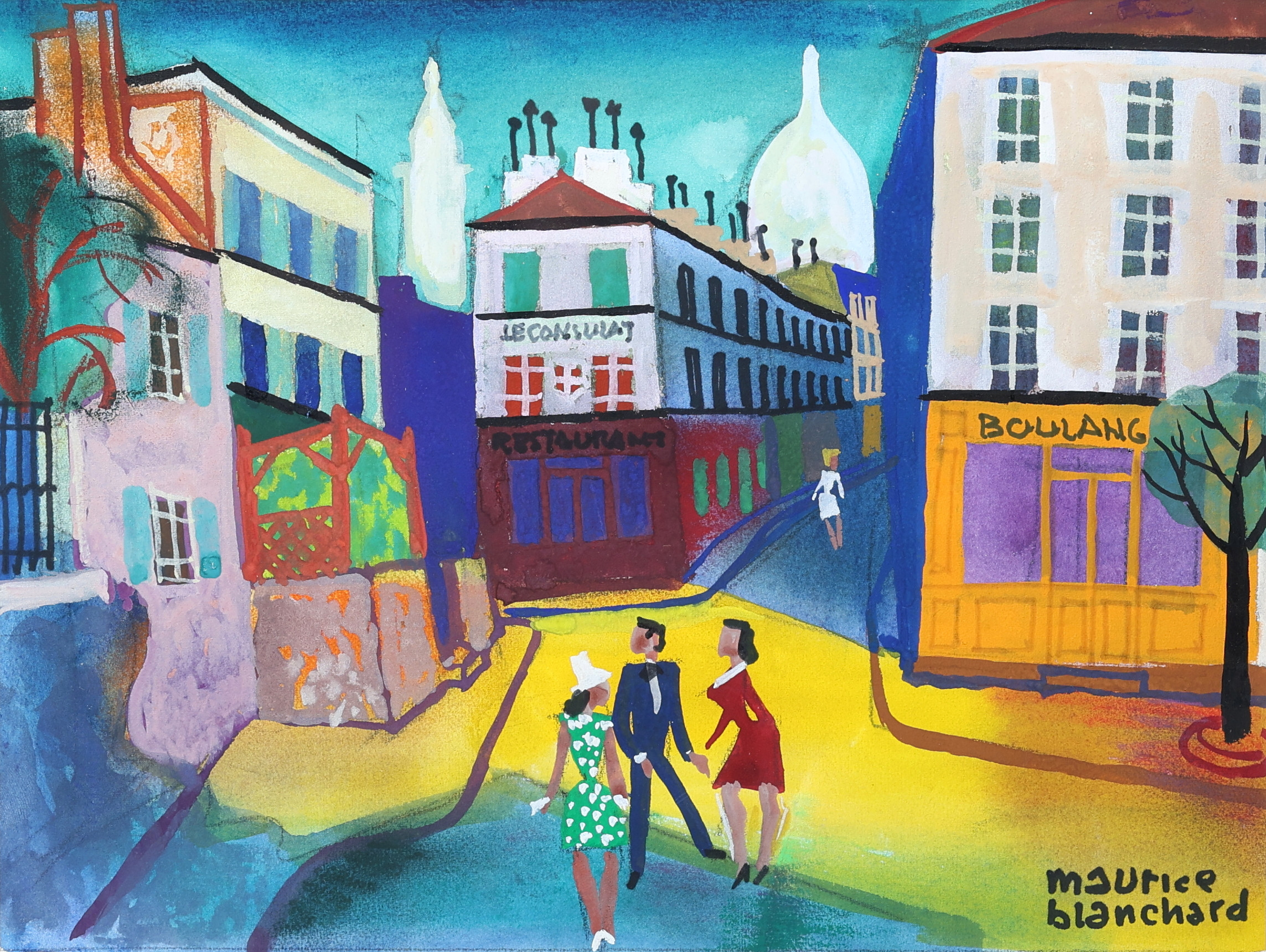 MAURICE BLANCHARD. Blandteknik, "Le Consulat", motiv från Montmartre, Paris, signerad.