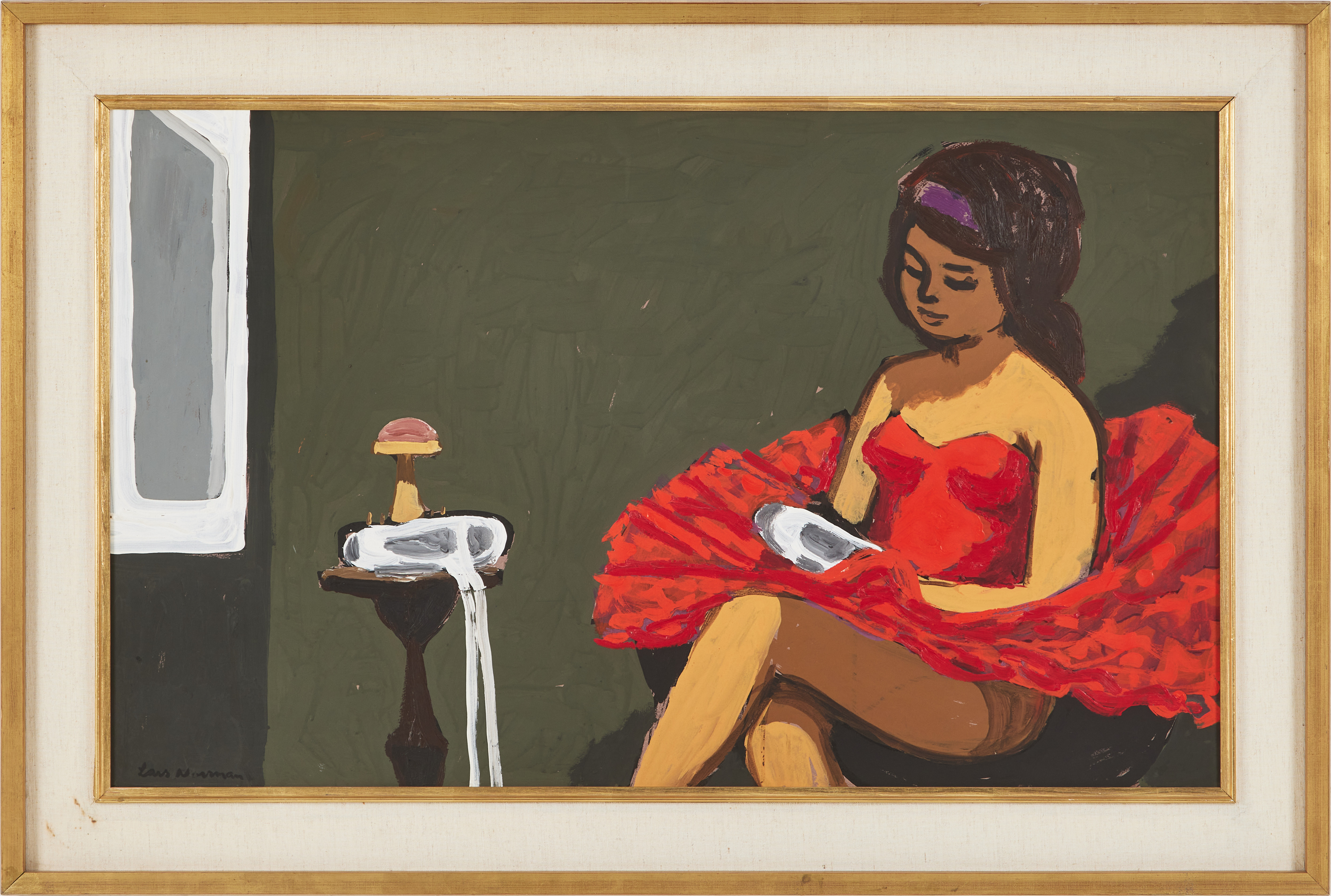 LARS NORRMAN. Flicka i röd klänning, olja på pannå.