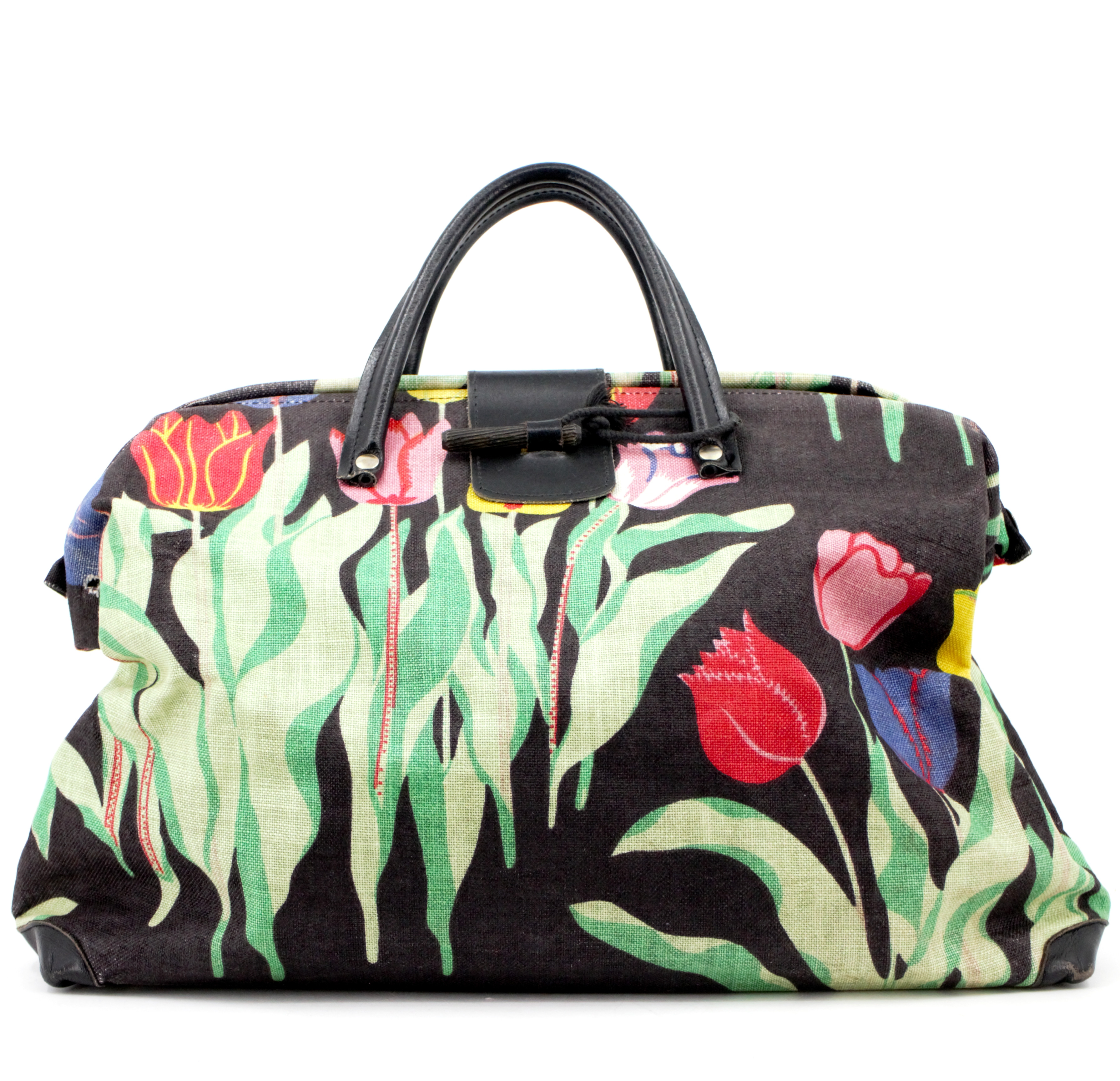 JOSEF FRANK. Handväska, "Tulpaner", linnetyg, detaljer av skinn, formgiven på 1940-talet för Firma Svenskt Tenn.