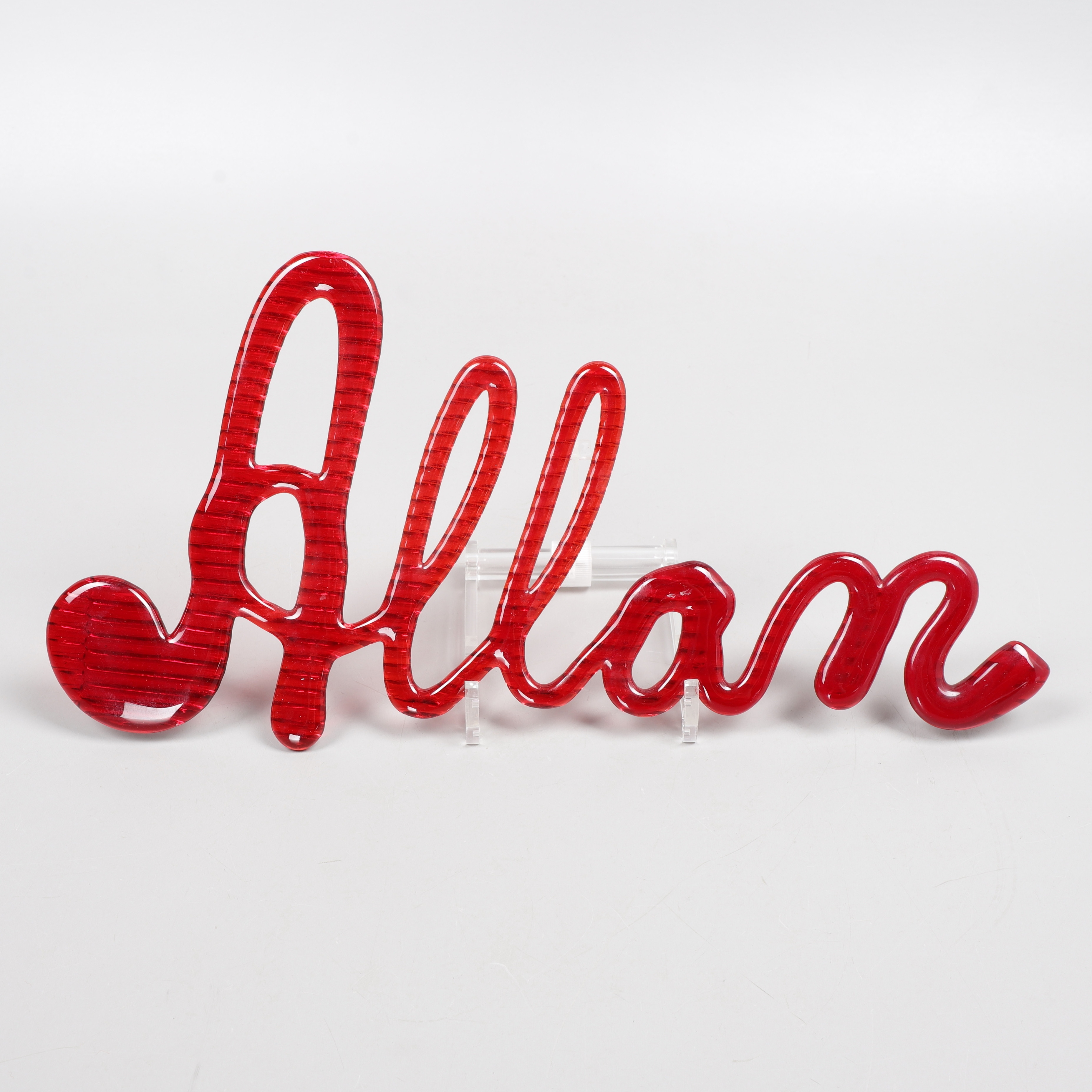 ALLAN, namnskylt i glas, 1970-tal.